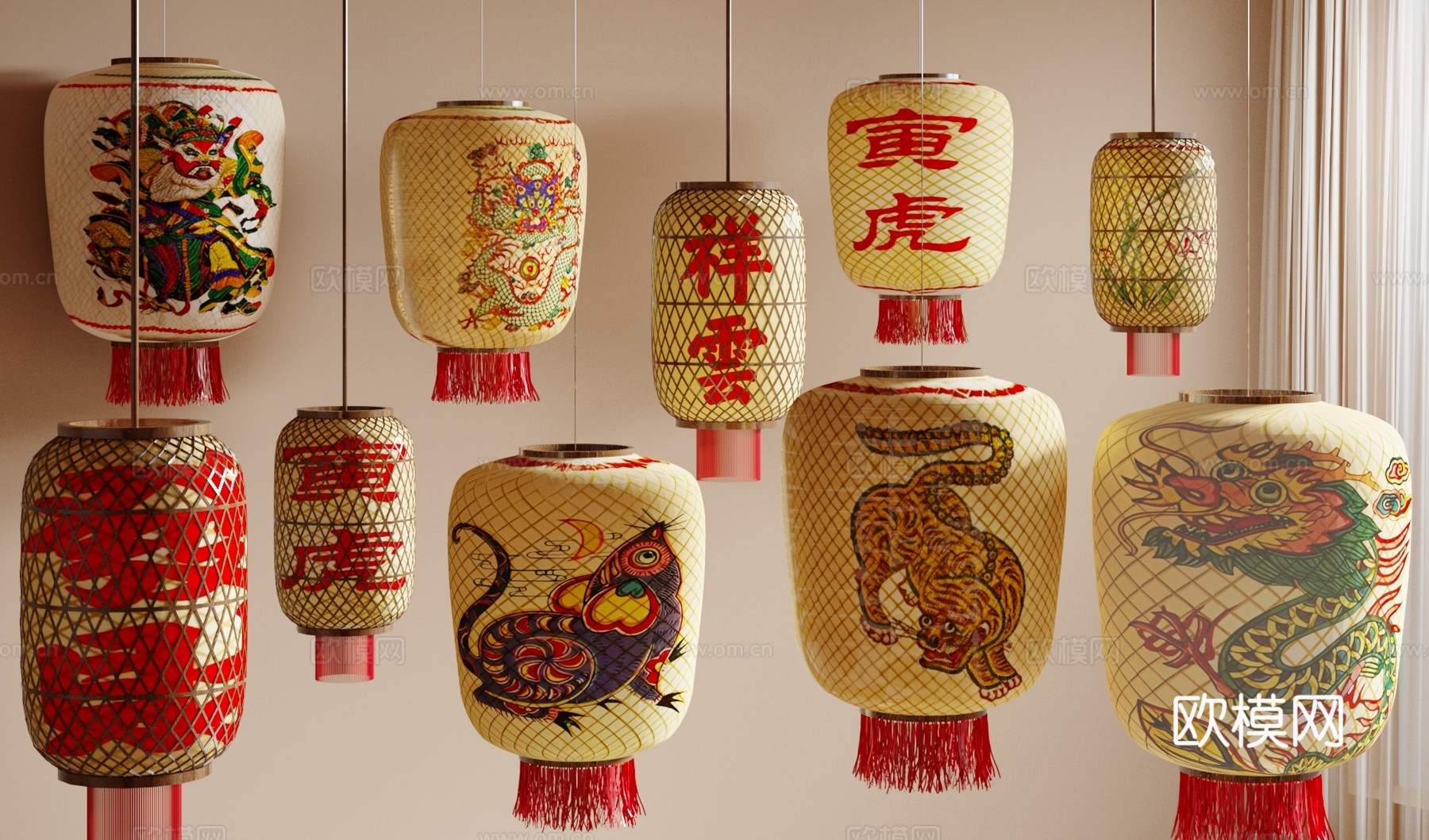 新中式灯笼 火锅店灯笼 油纸灯笼su模型下载（渲染图2）