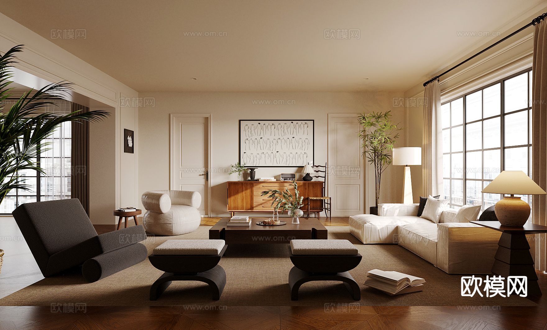 中古风客厅su模型下载（渲染图2）