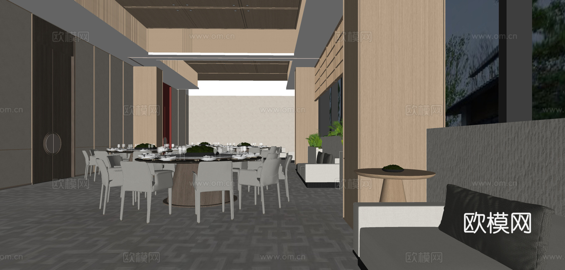 中餐厅包厢 新中式餐厅包厢 包厢餐桌椅 圆桌餐桌椅 餐具su模型下载（渲染图2）