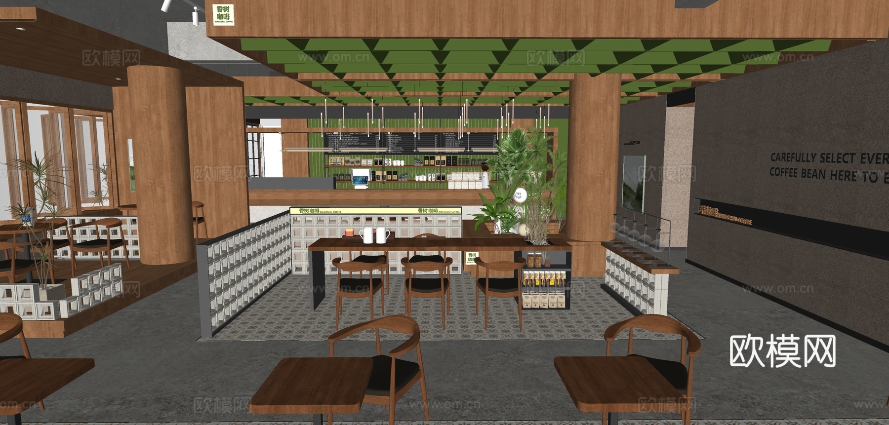 原木风咖啡厅su模型下载（渲染图1）