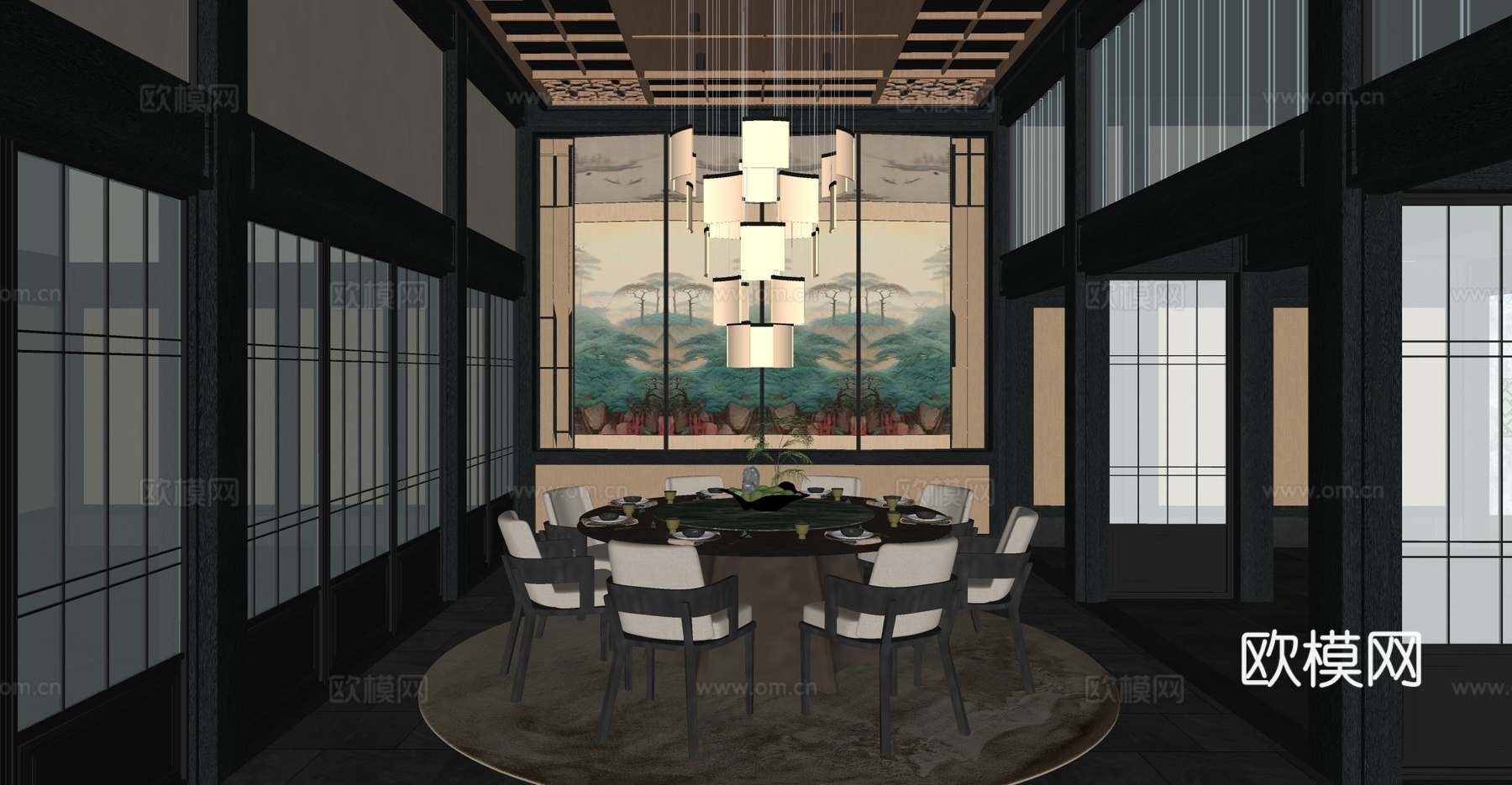 新中式餐厅包厢 餐厅包房su模型