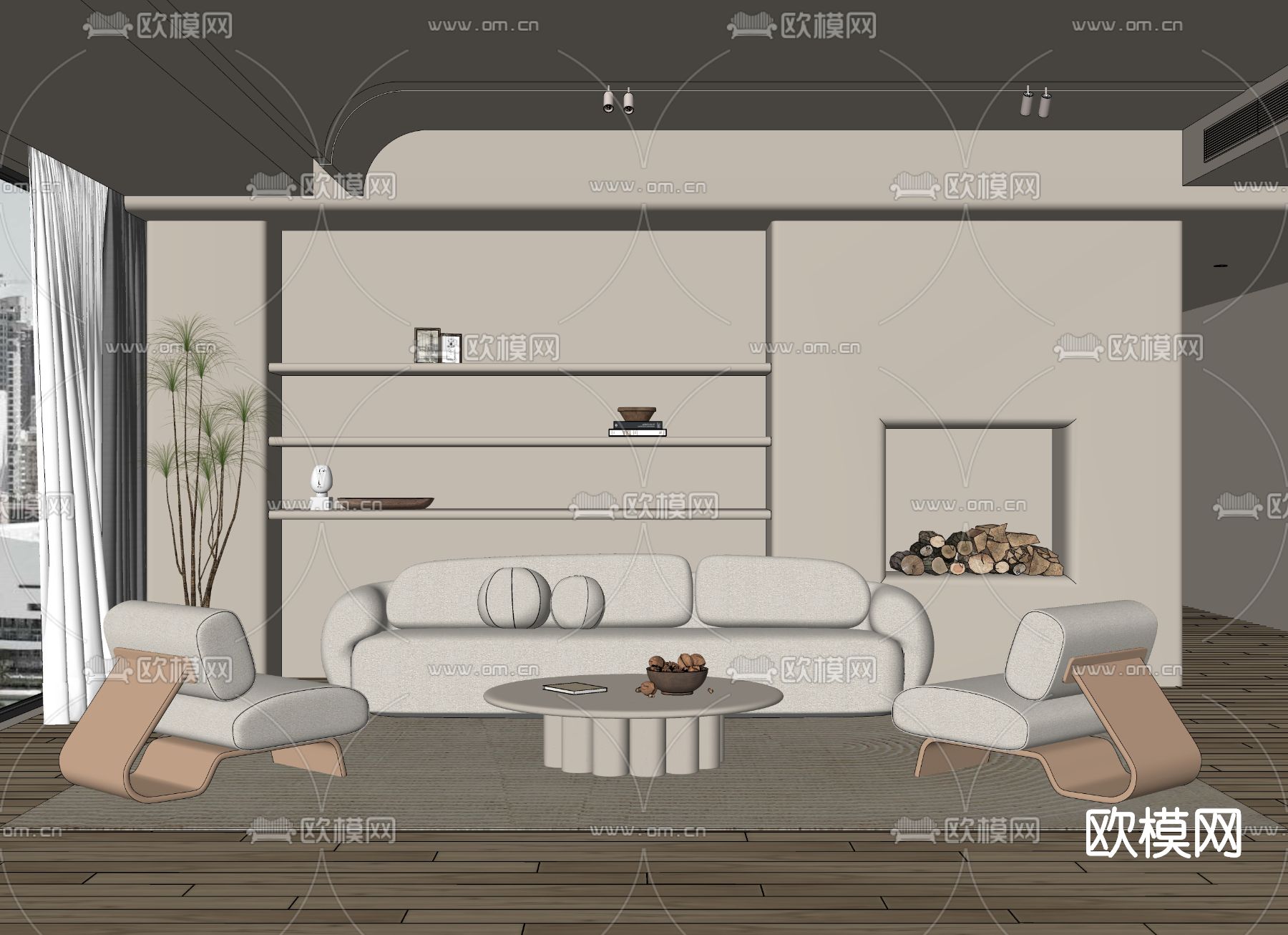 侘寂布艺沙发组合su模型下载（渲染图2）
