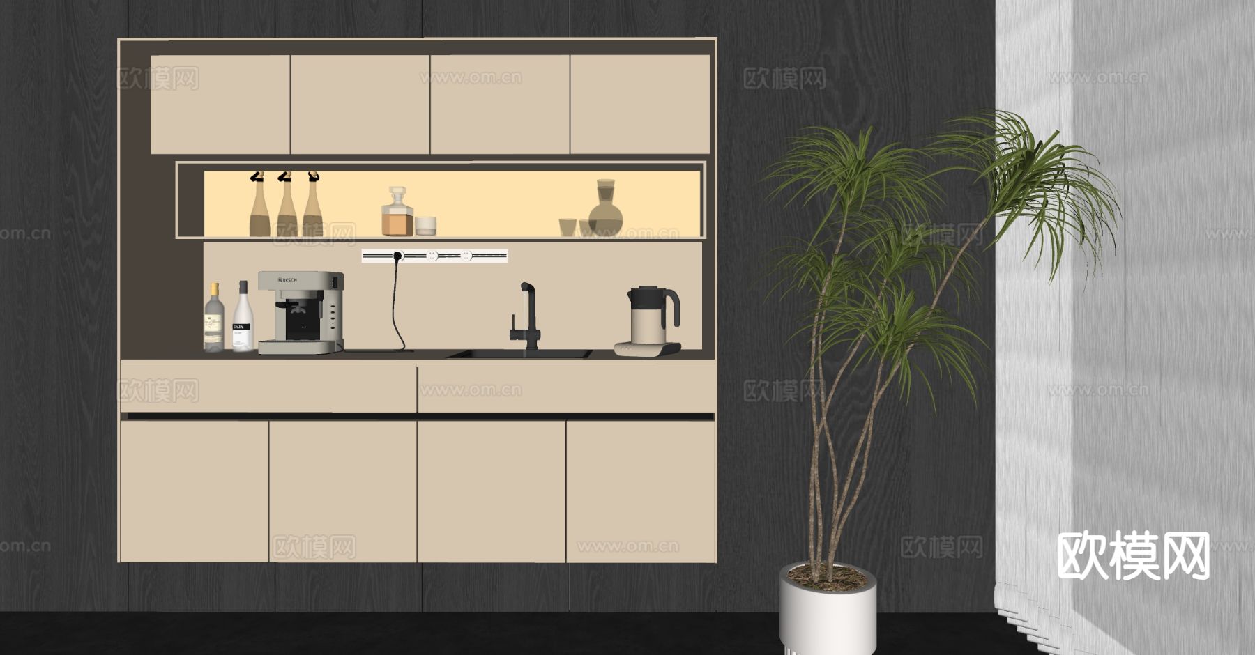现代餐边柜 吊柜壁柜su模型下载（渲染图1）