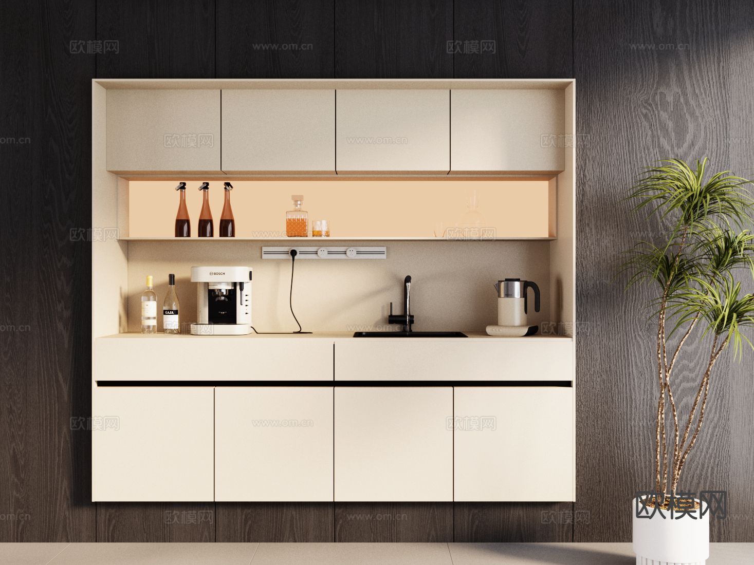 现代餐边柜 吊柜壁柜su模型下载（渲染图2）