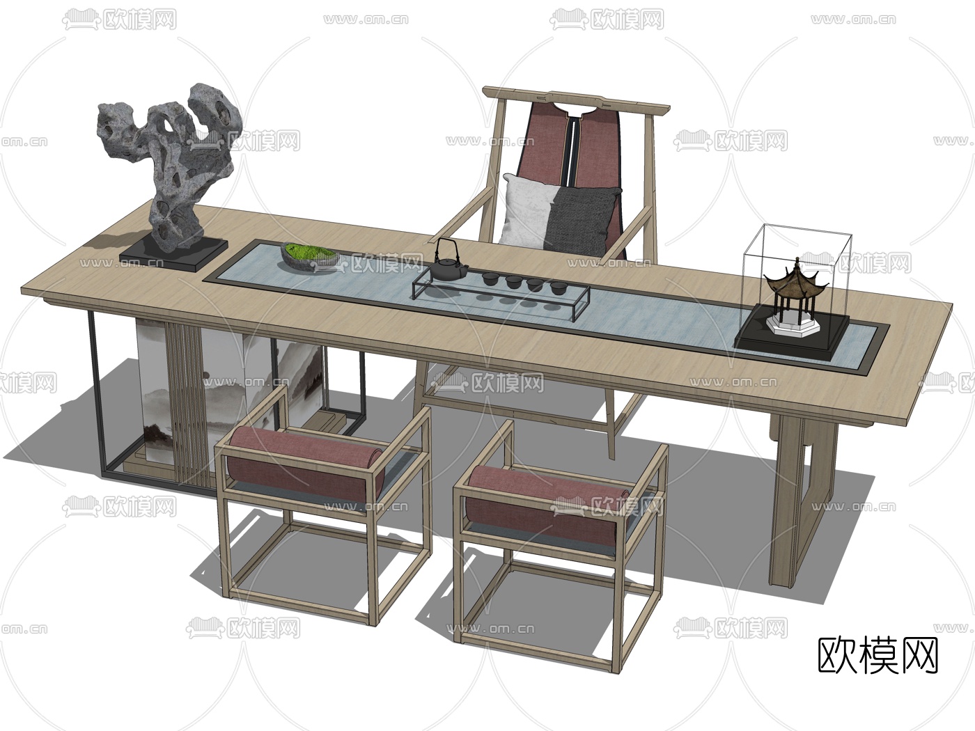 新中式实木茶桌椅su模型