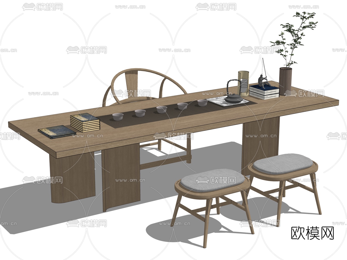 新中式实木茶桌椅su模型