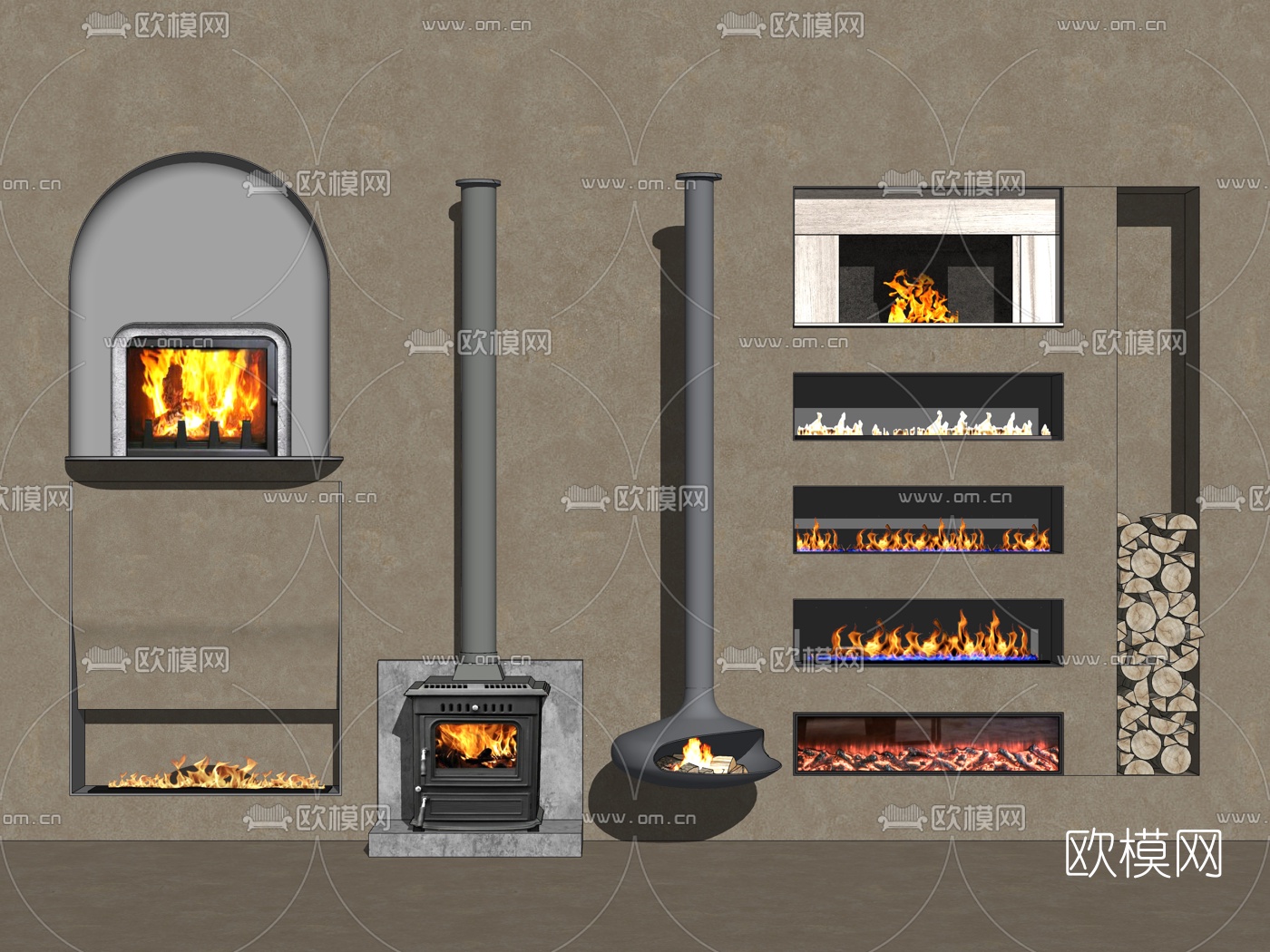 现代电子壁炉su模型