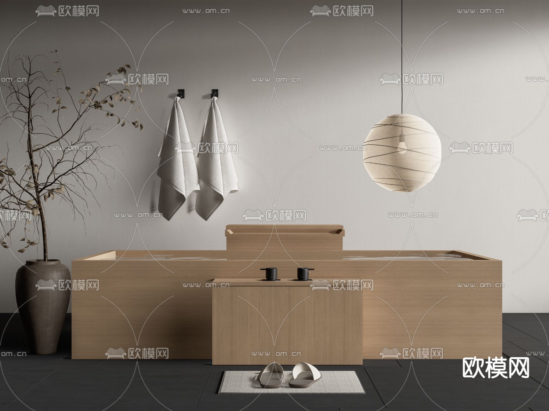 现代原木浴缸su模型下载（渲染图1）