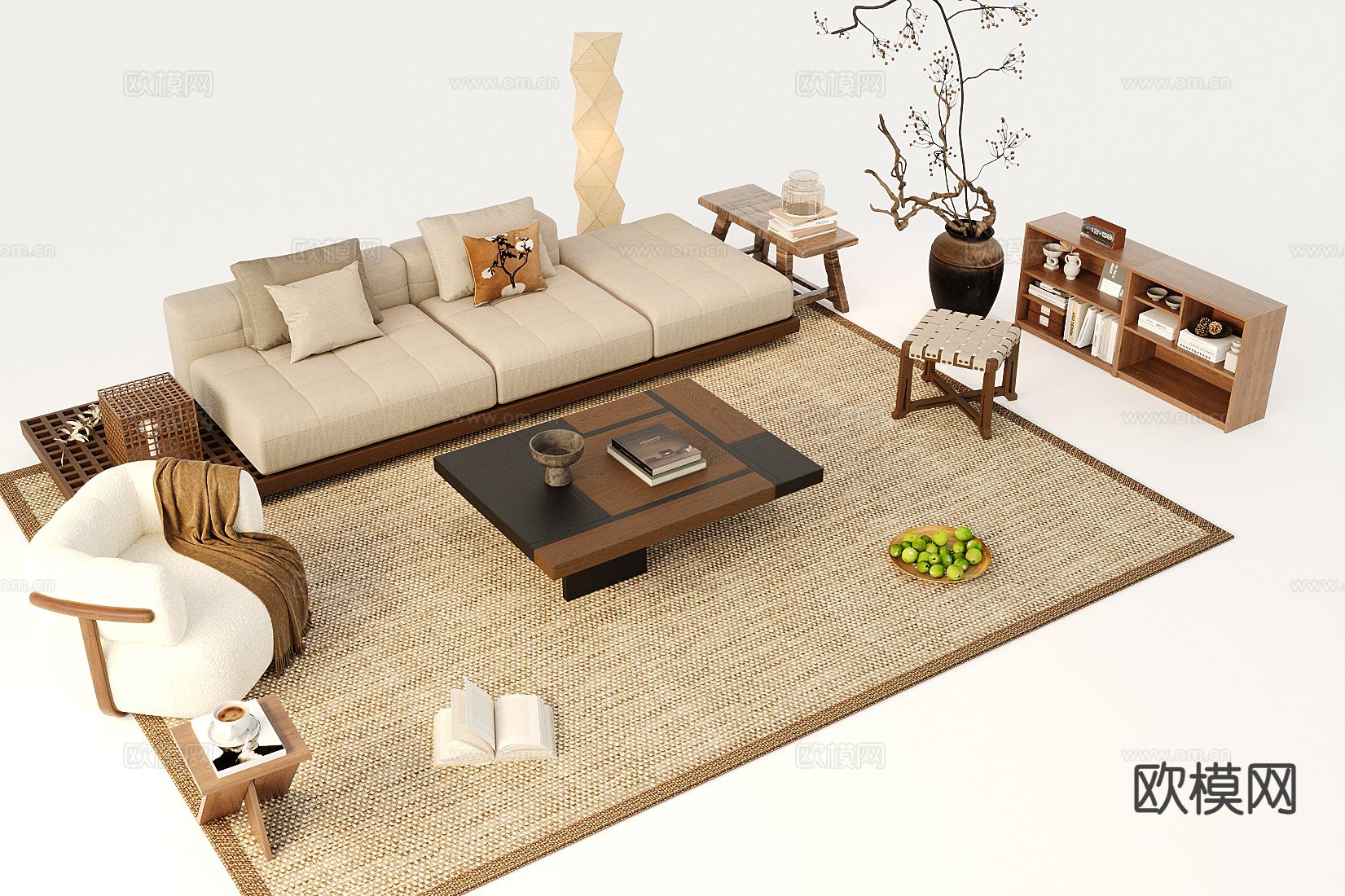 侘寂组合沙发3d模型下载（渲染图1）