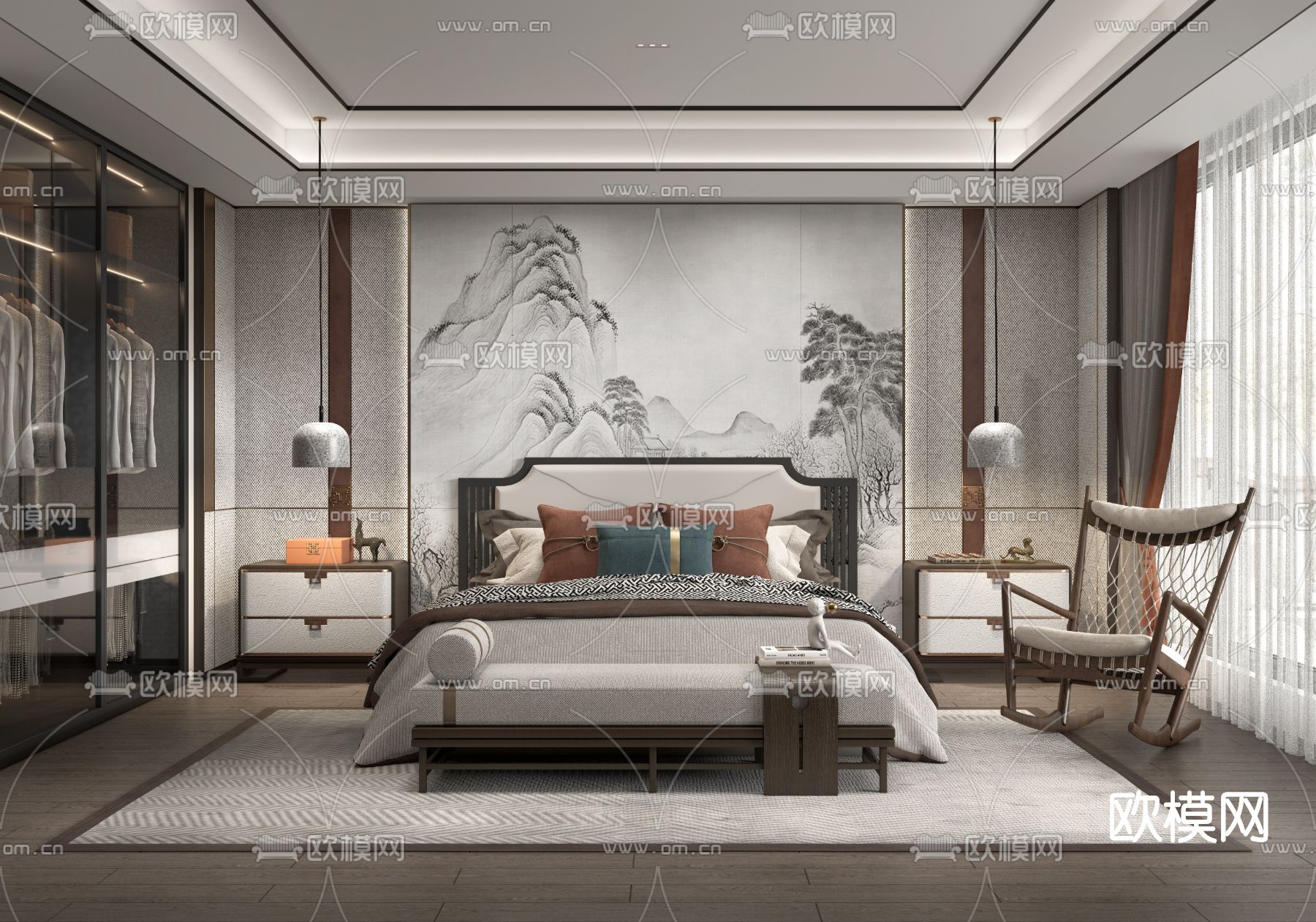 新中式卧室主人房su模型下载（渲染图1）