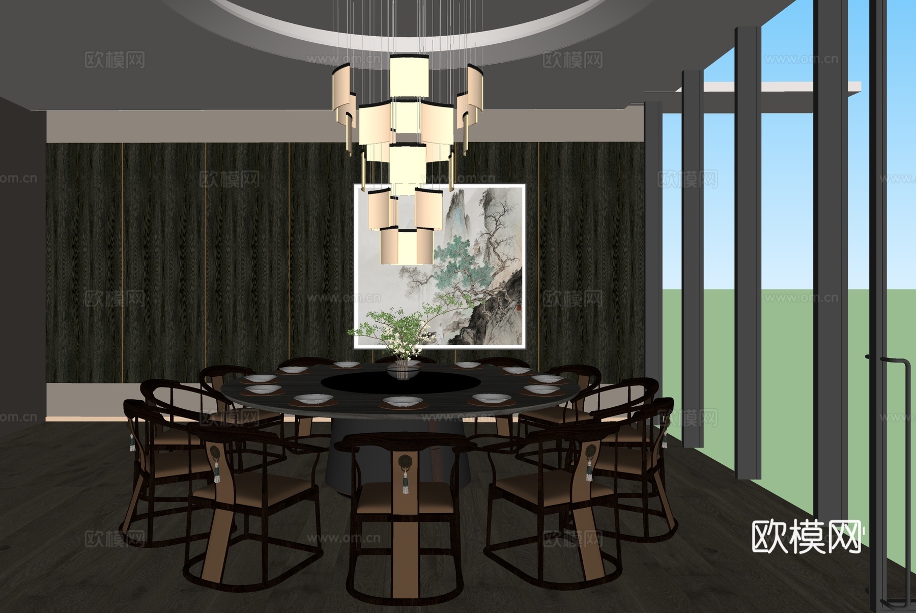 新中式包厢 餐厅包厢 餐桌椅组合 吊灯 装饰画su模型