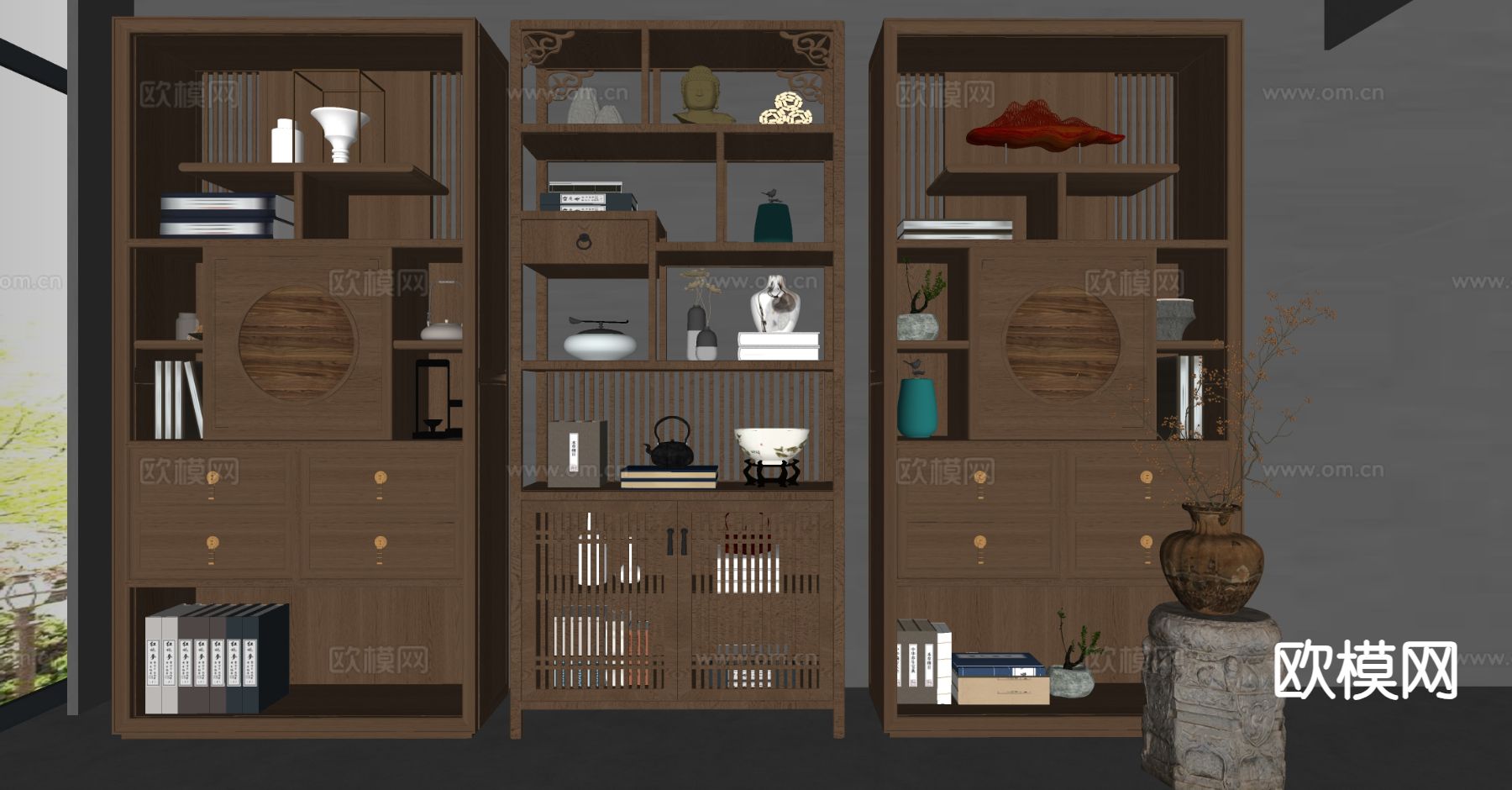 新中式博古架su模型下载（渲染图1）