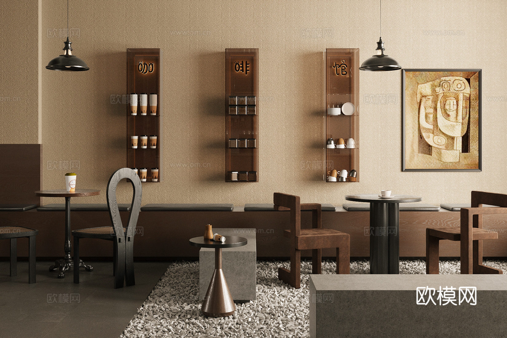 侘寂卡座桌椅 奶茶店卡座su模型下载（渲染图2）