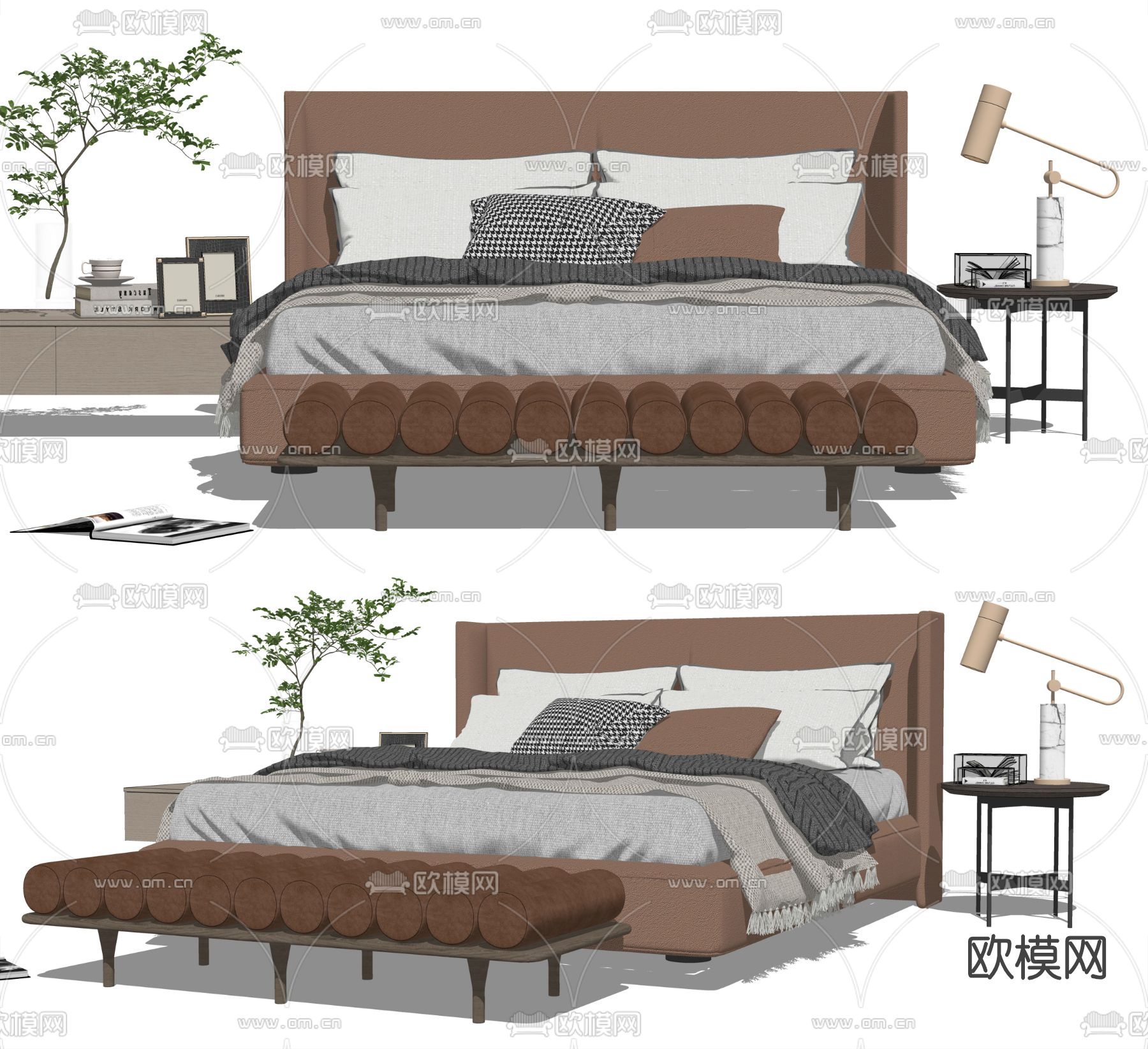 现代皮革双人床su模型下载（渲染图2）