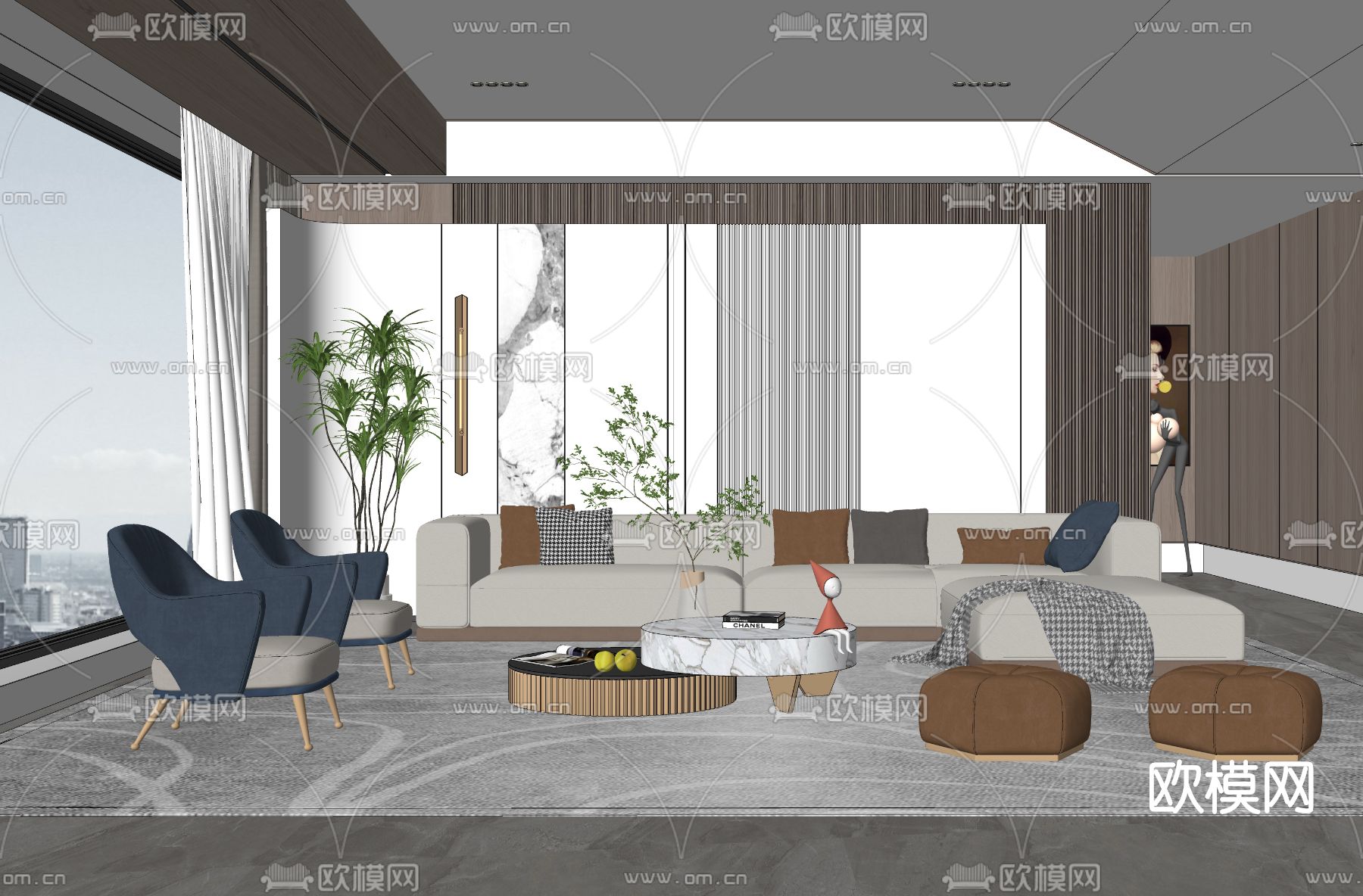 现代转角沙发组合su模型下载（渲染图2）