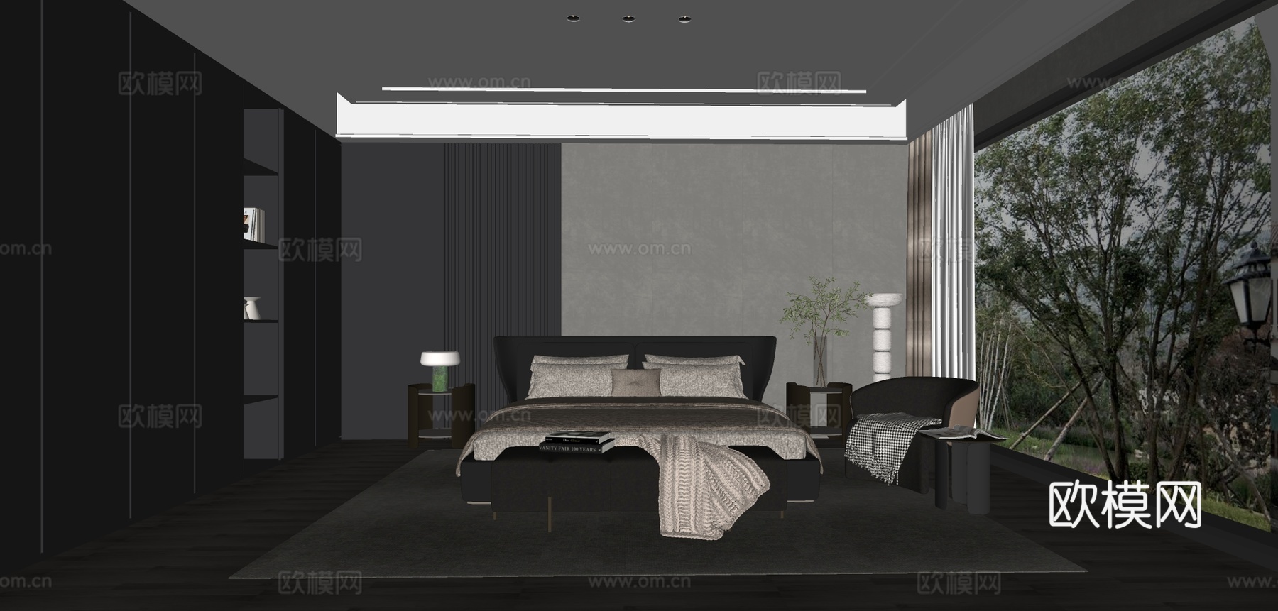 现代轻奢家居卧室 高级灰卧室 无主灯卧室 黑白灰卧室 休闲椅su模型下载（渲染图2）
