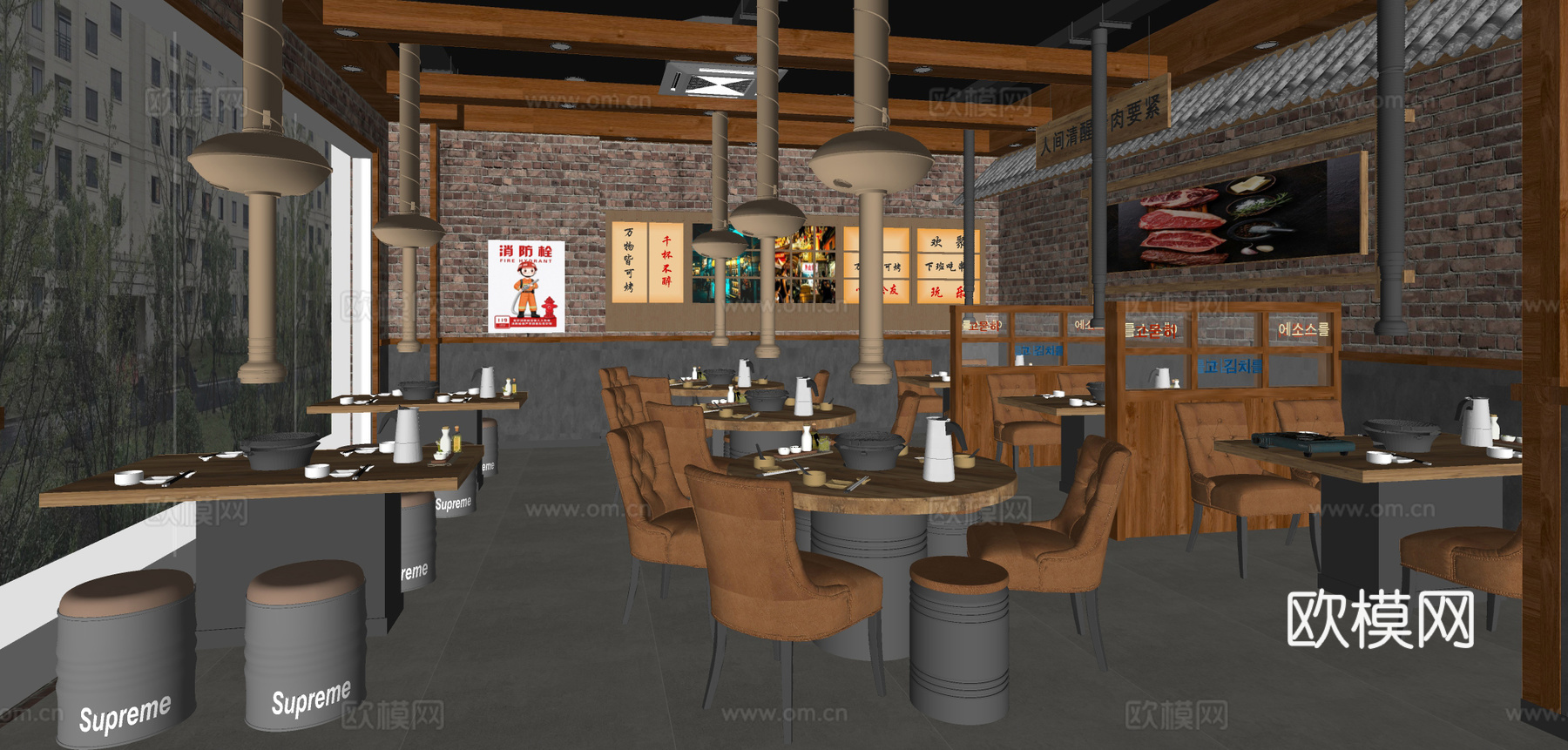 工业风火锅店 烤肉店su模型下载（渲染图1）