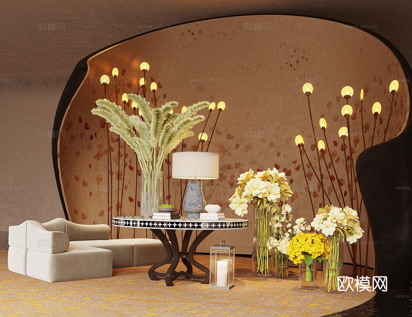 现代休闲沙发 花瓶 花艺su模型下载（渲染图2）