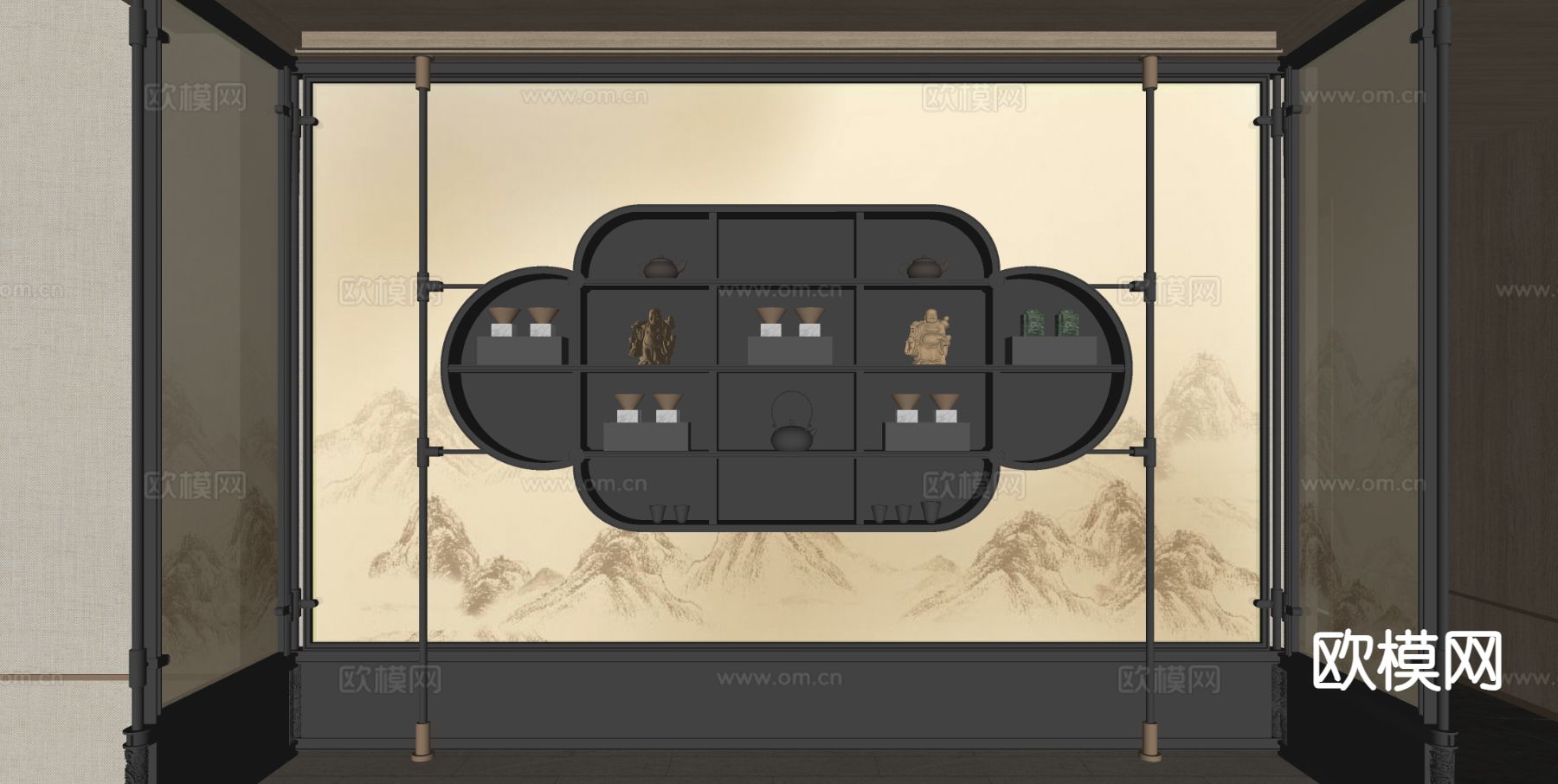 新中式禅意壁挂茶柜 茶叶柜su模型下载（渲染图1）