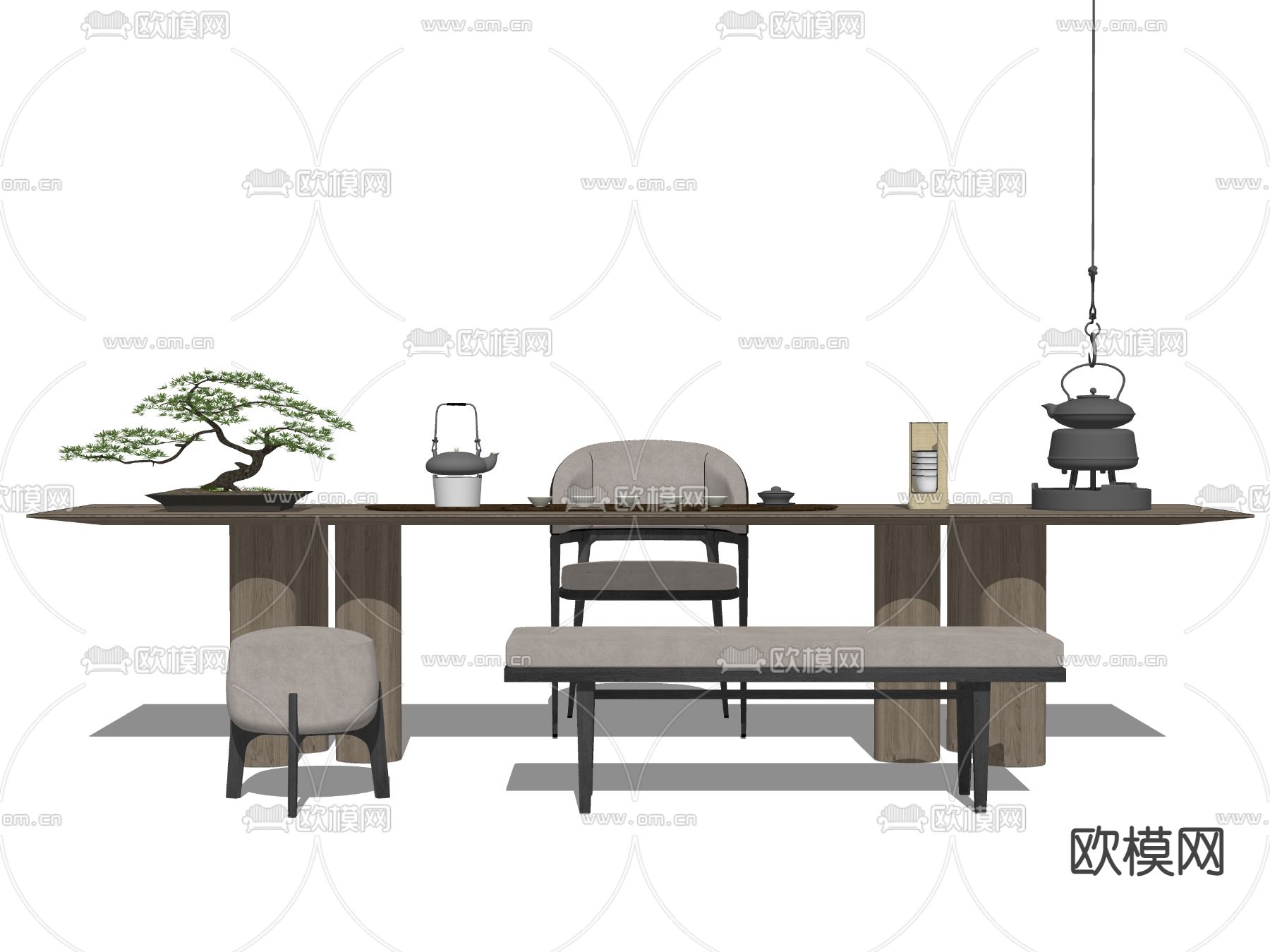 新中式实木茶桌椅su模型