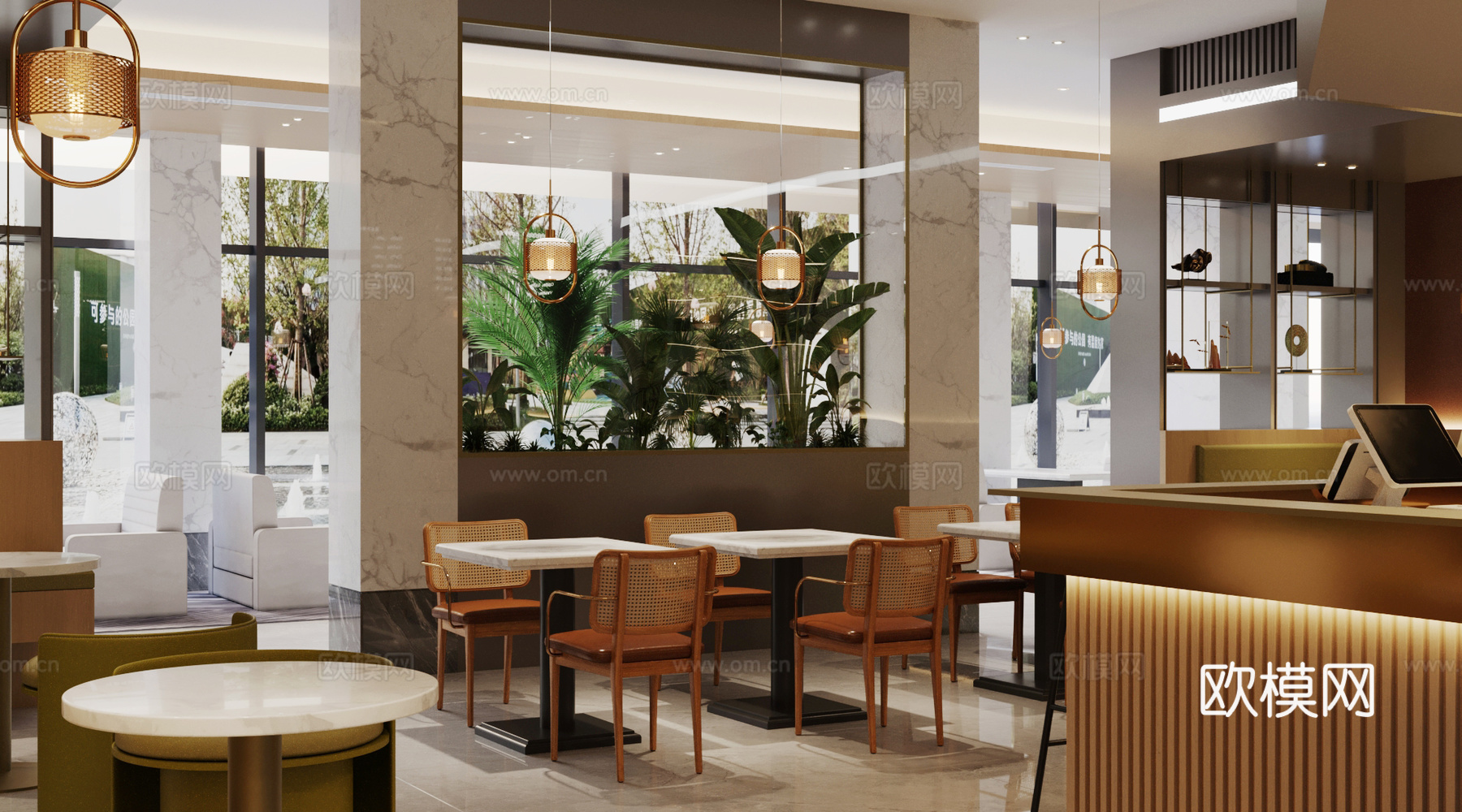 原木风咖啡店操作台 咖啡店工作台su模型下载（渲染图2）