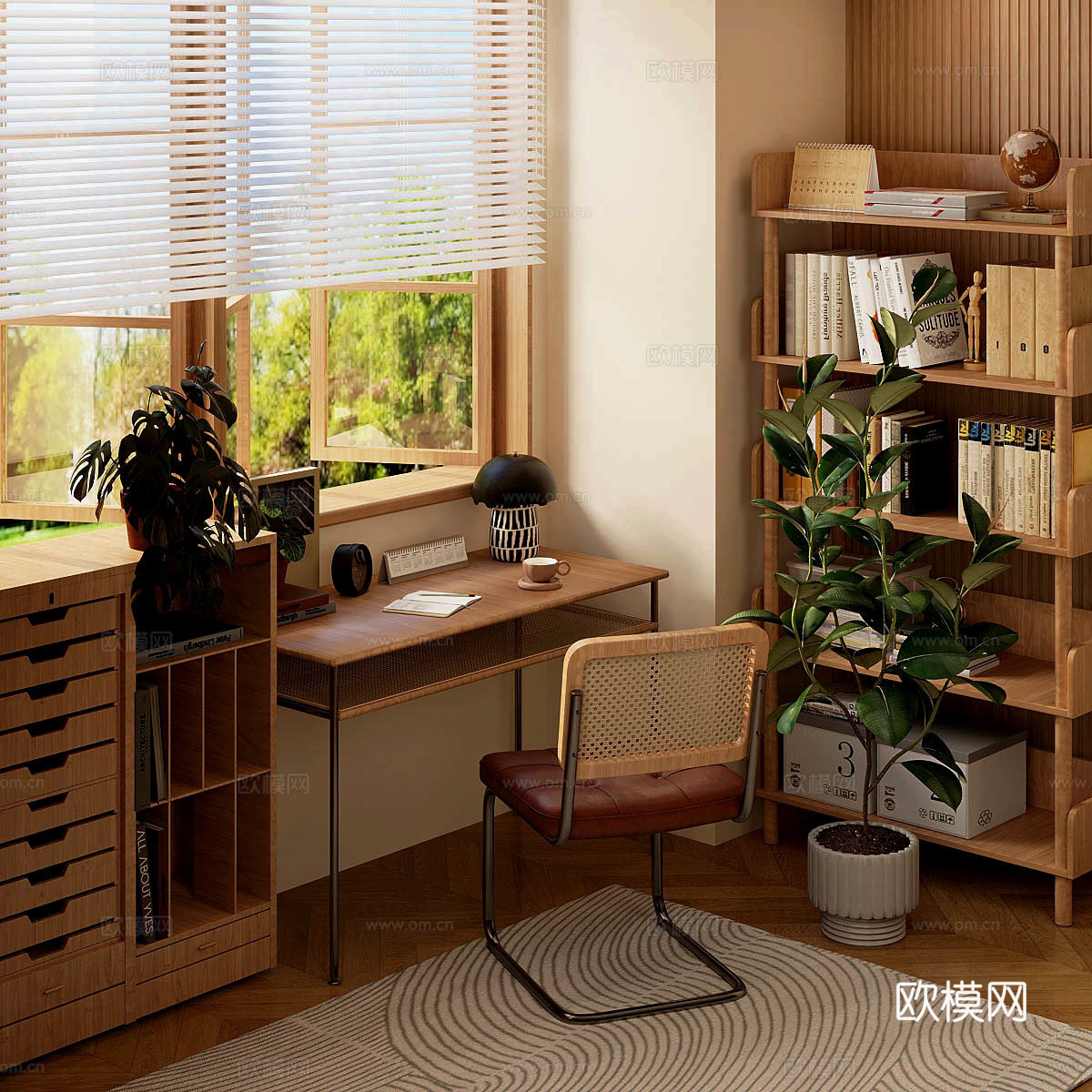 中古风书房 复古风书房 中古风书桌椅 书柜 书桌摆件组合su模型