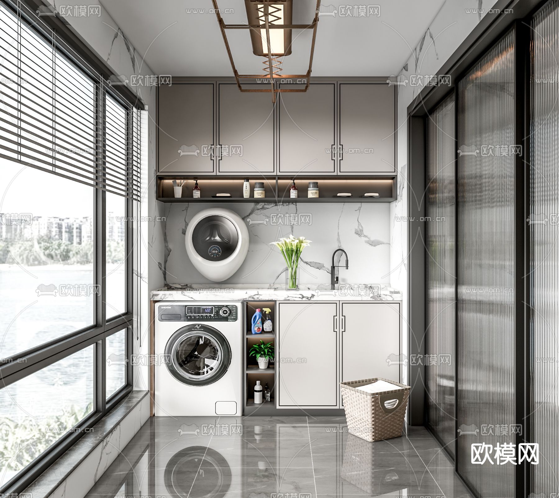 新中式阳台洗衣房su模型