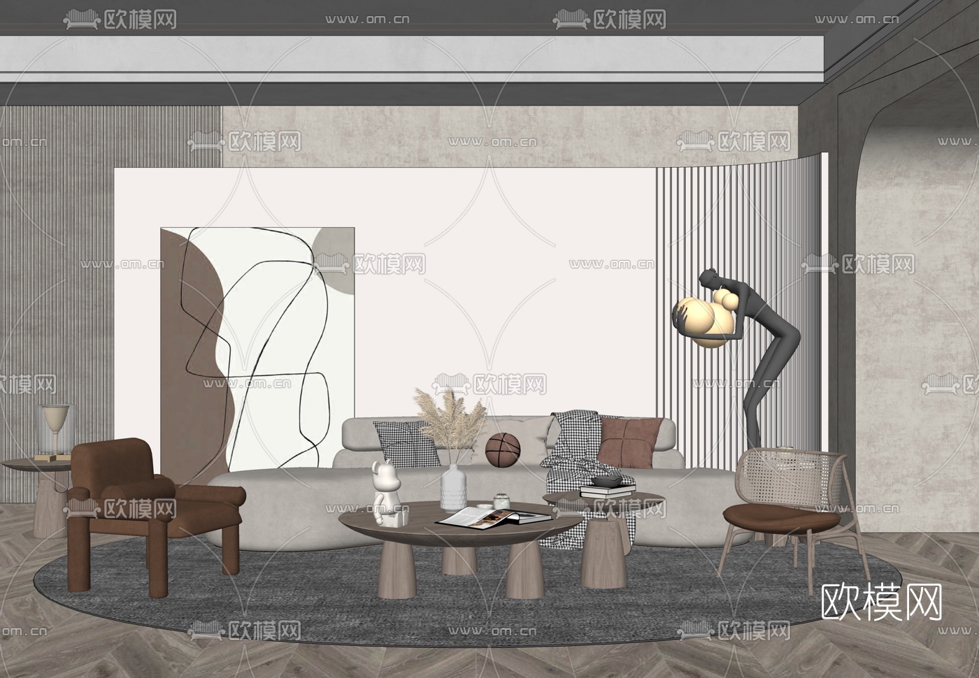 现代布艺沙发组合su模型