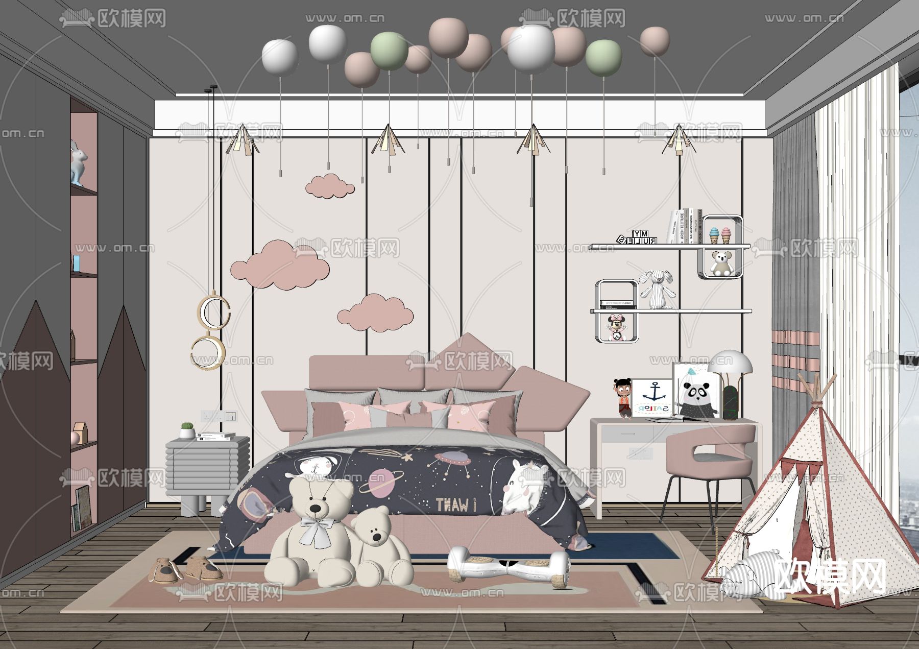 现代卧室女孩房su模型