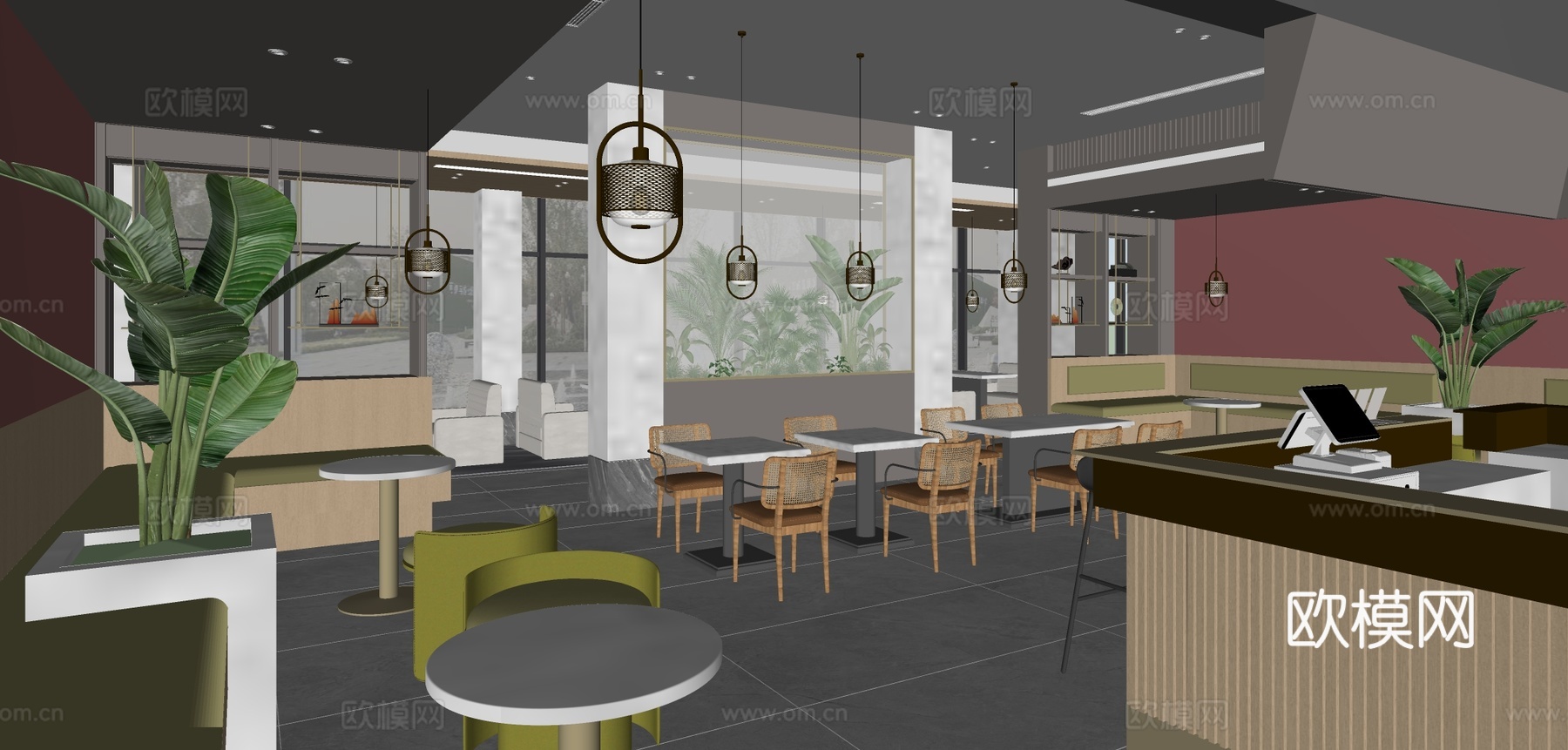 原木风咖啡店操作台 咖啡店工作台su模型下载（渲染图1）