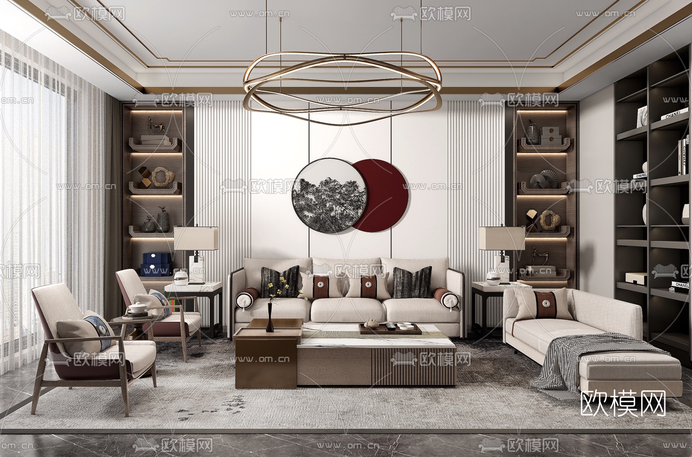 新中式客厅su模型