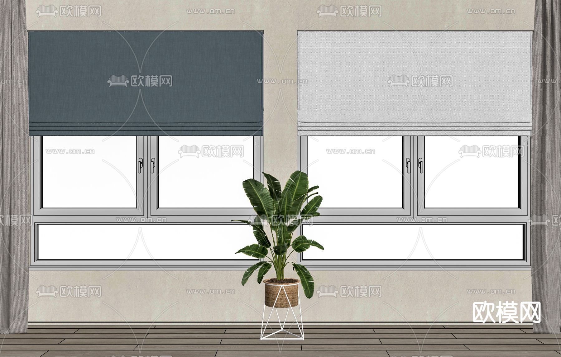 现代布艺窗帘卷帘su模型