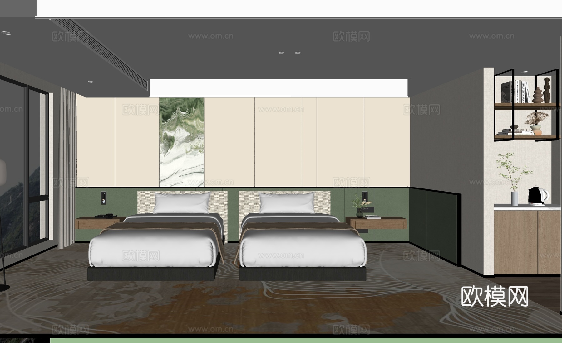 酒店客房 双床房su模型下载（渲染图1）