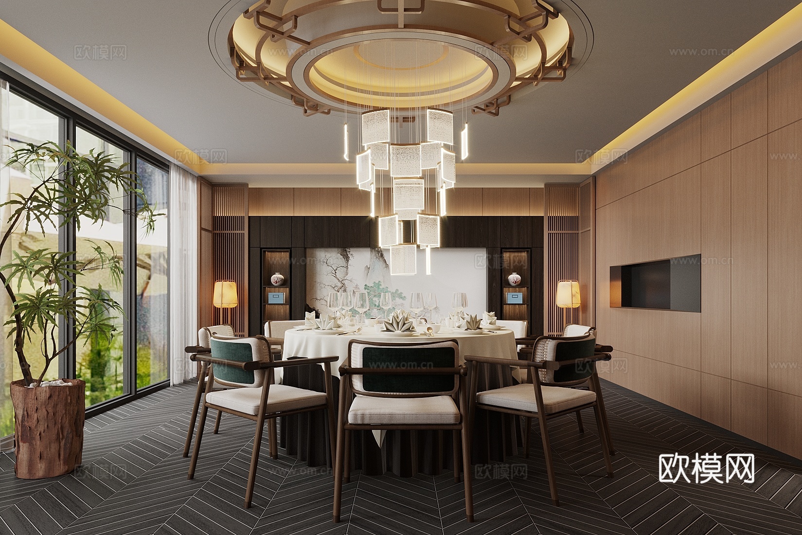 新中式包厢 餐厅包厢  餐桌椅组合 水晶吊灯su模型下载（渲染图1）