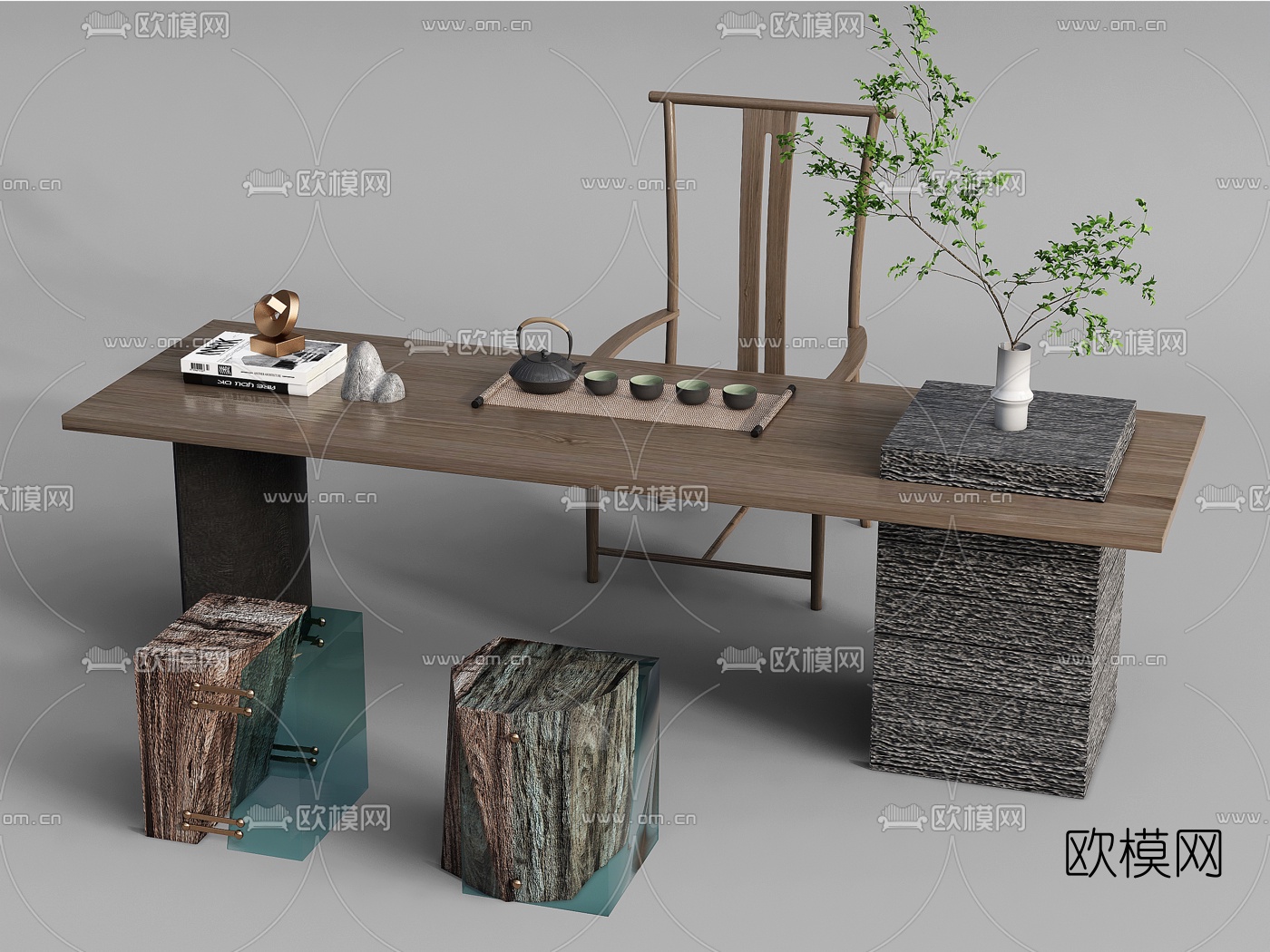 新中式实木茶桌椅su模型下载（渲染图1）