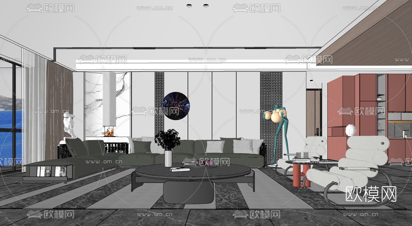 现代布艺转角沙发组合su模型