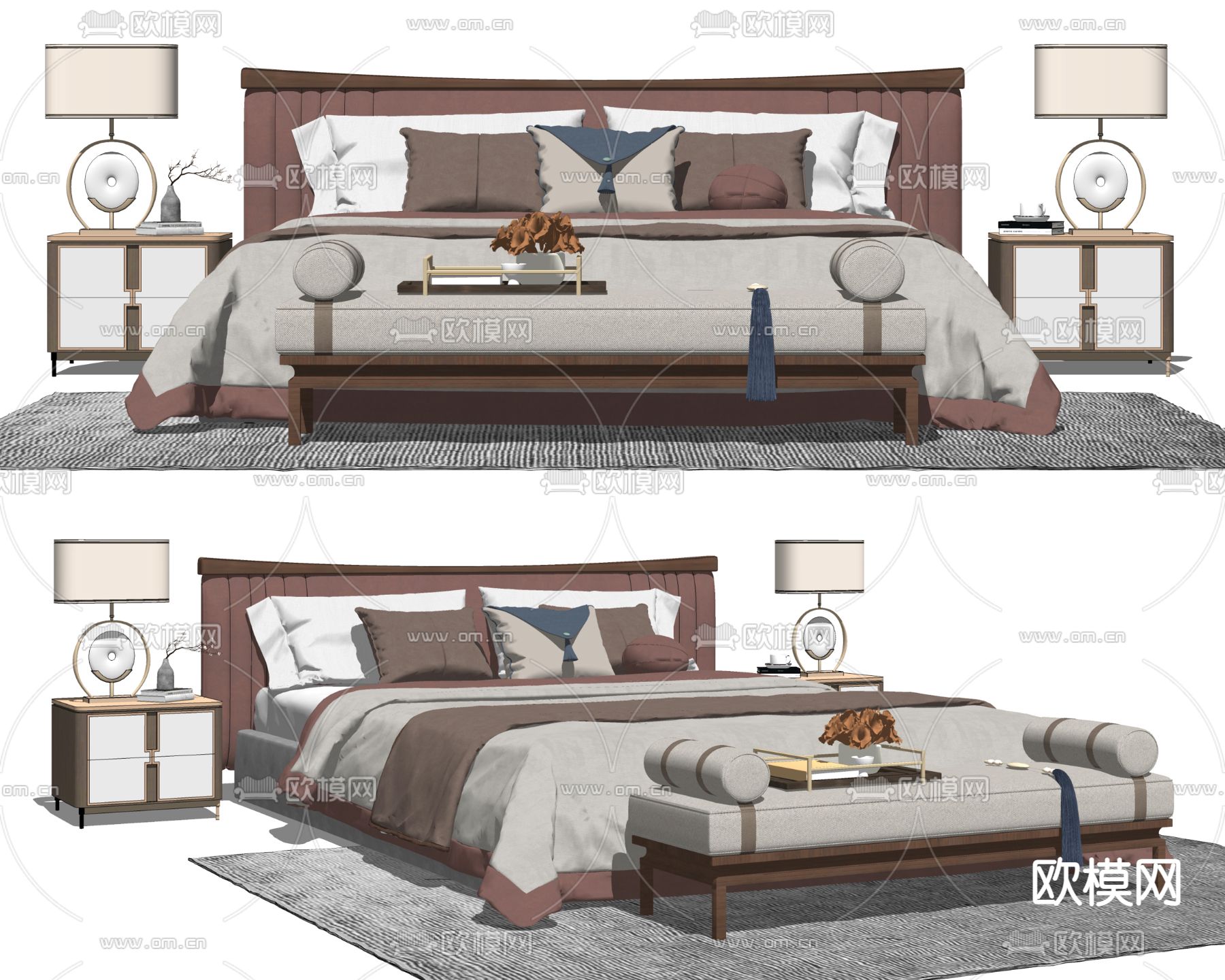 新中式布艺双人床su模型
