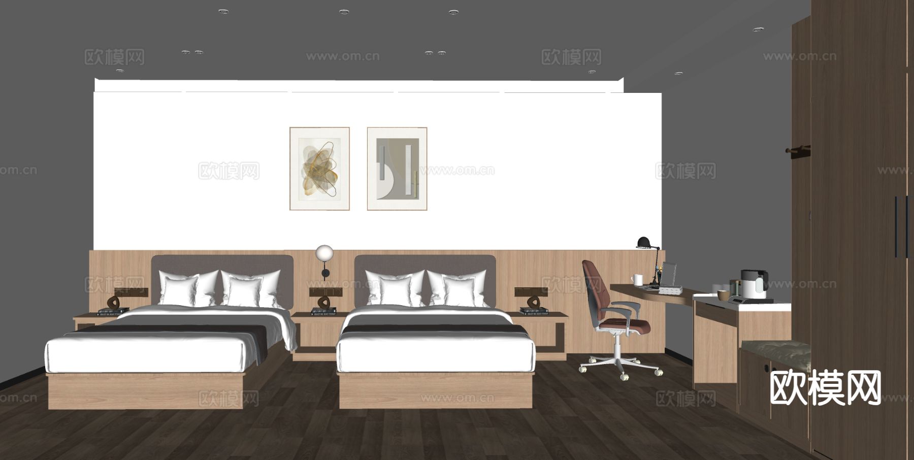 酒店客房 双床房su模型下载（渲染图1）