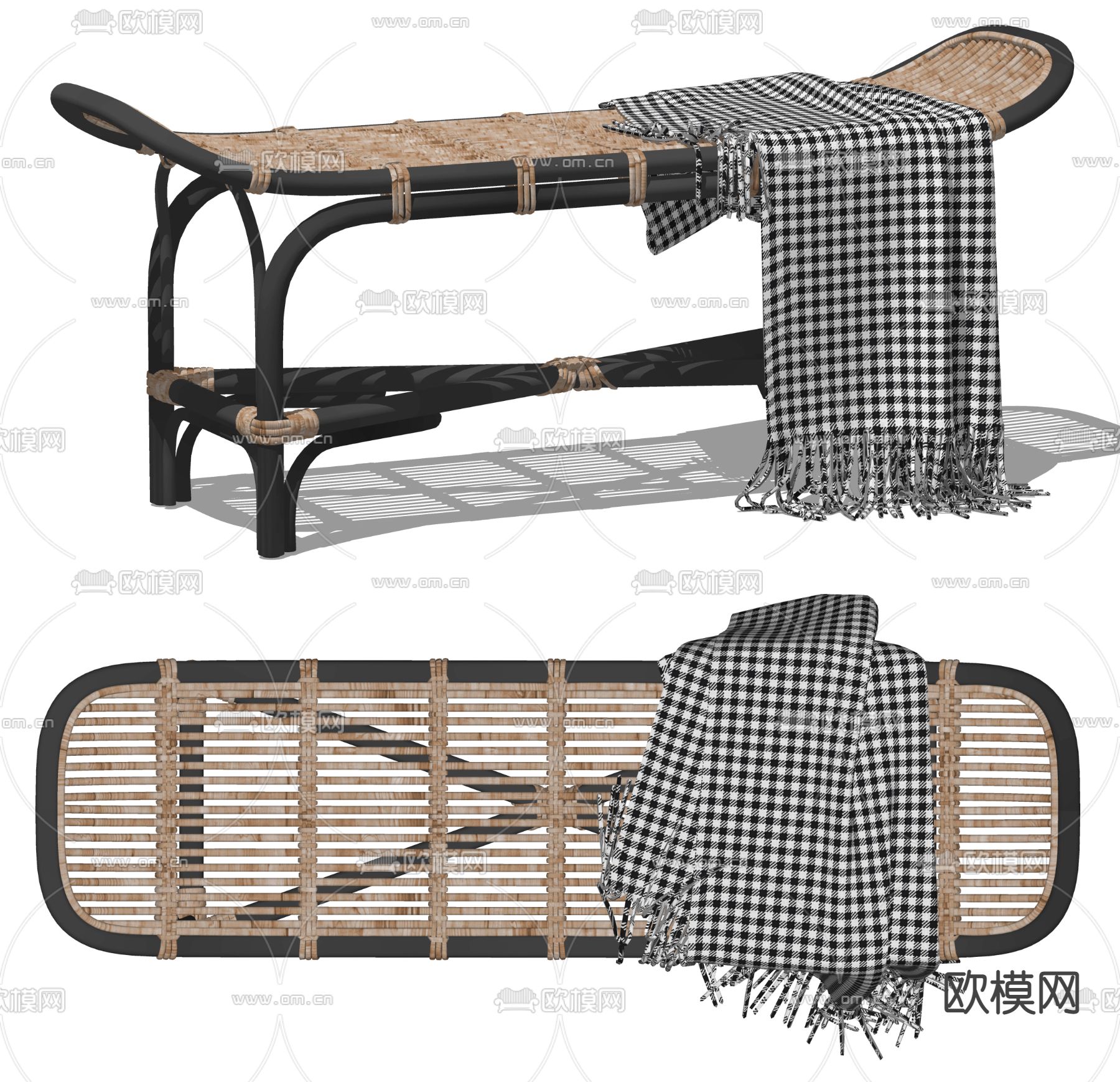 侘寂藤编床尾凳su模型下载（渲染图2）