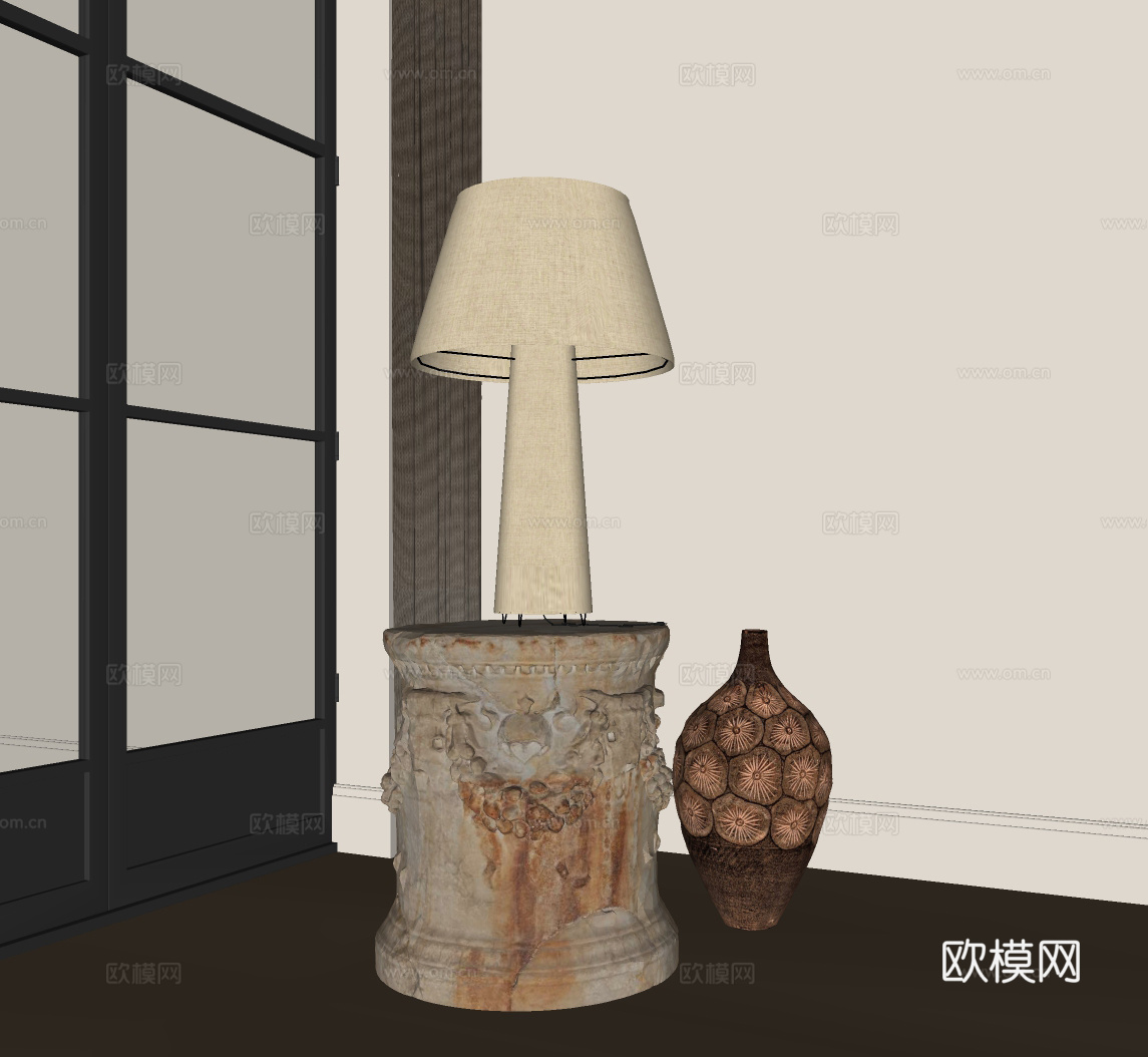 中古风台灯 大台灯 白色台灯su模型下载（渲染图1）