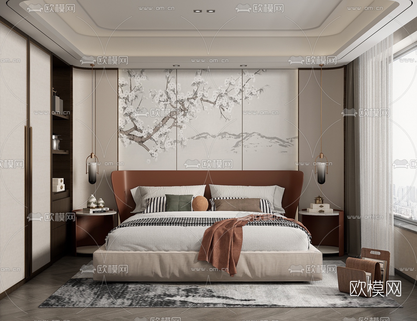 新中式卧室su模型下载（渲染图1）