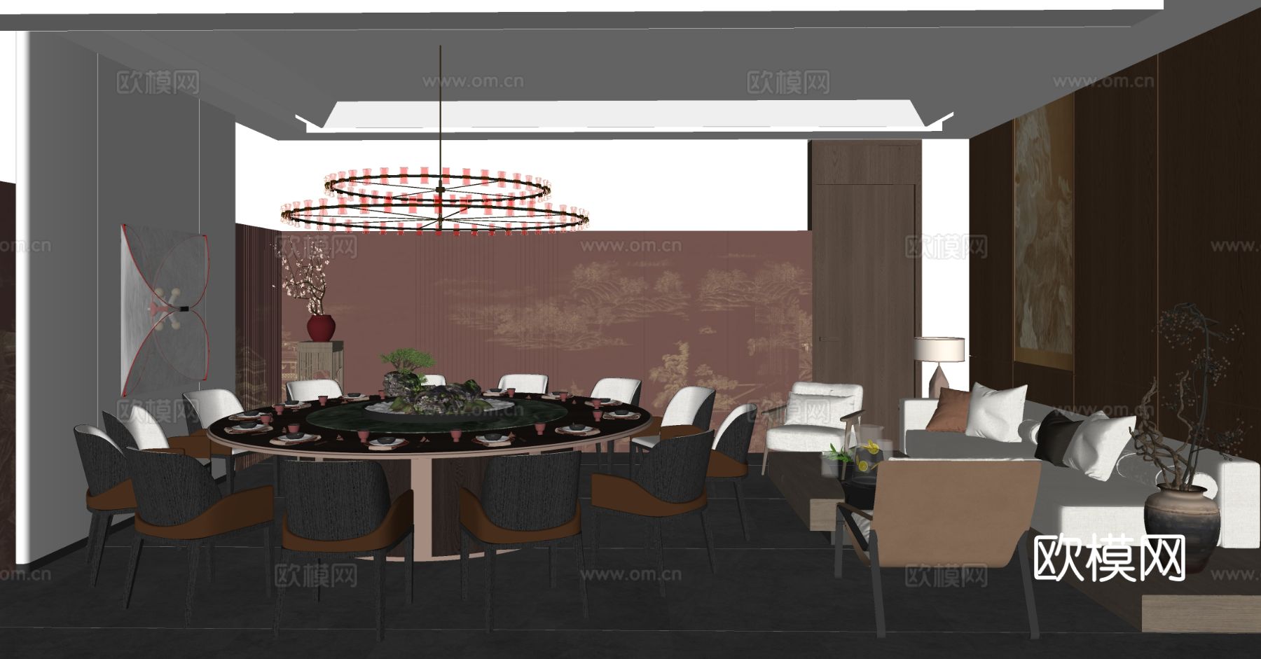 新中式餐厅包厢 包房su模型下载（渲染图1）