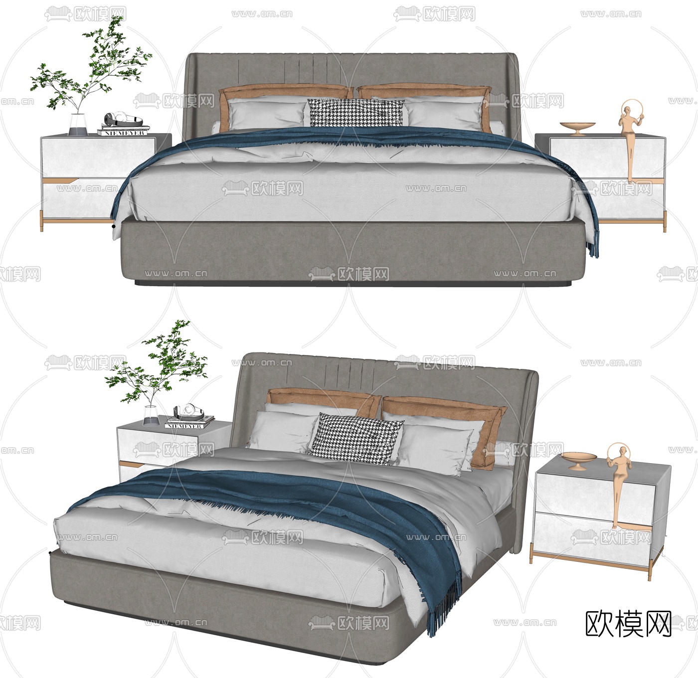 现代布艺双人床su模型