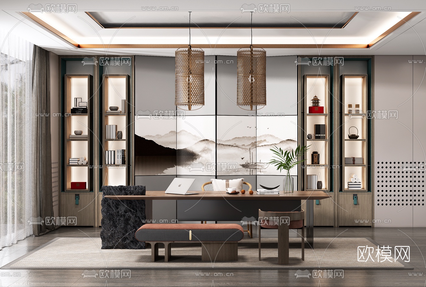 新中式书房su模型下载（渲染图1）