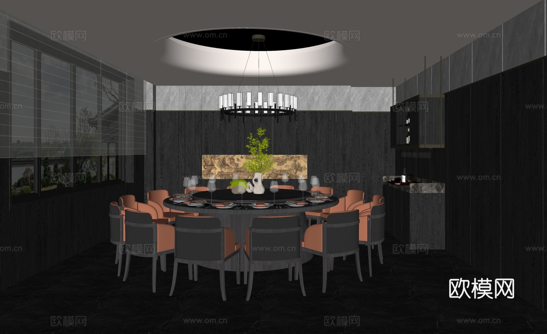 新中式包厢 新中式餐厅包厢 包间 餐桌椅组合 吊灯su模型下载（渲染图2）