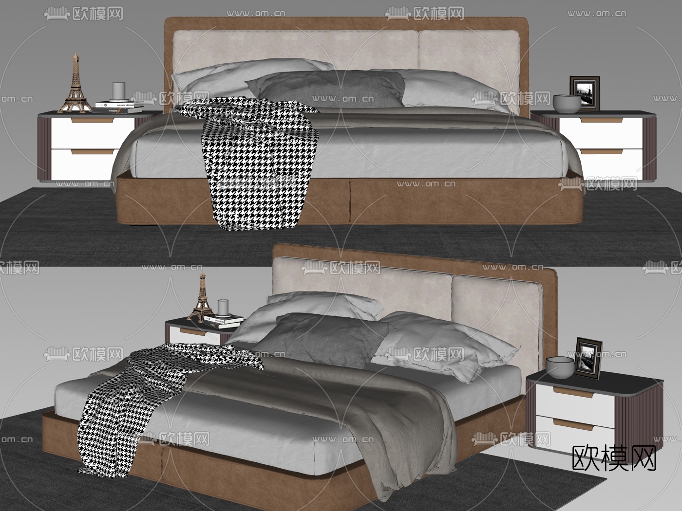 现代布艺双人床su模型下载（渲染图2）