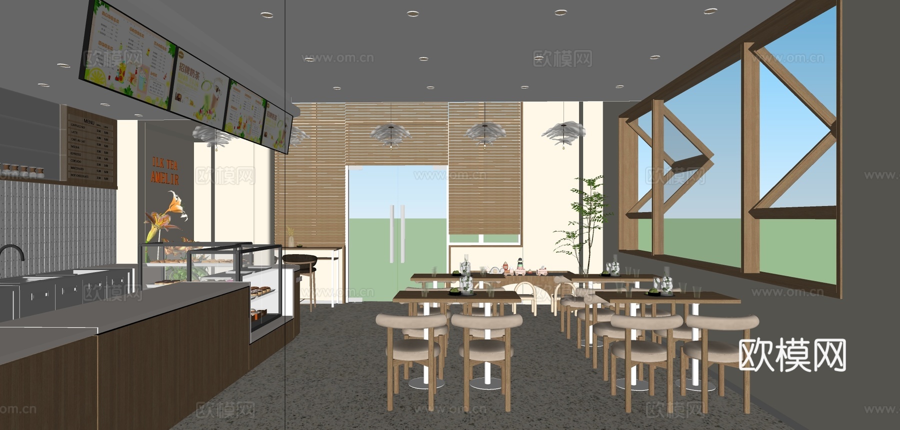 原木风奶茶店工作台su模型下载（渲染图1）