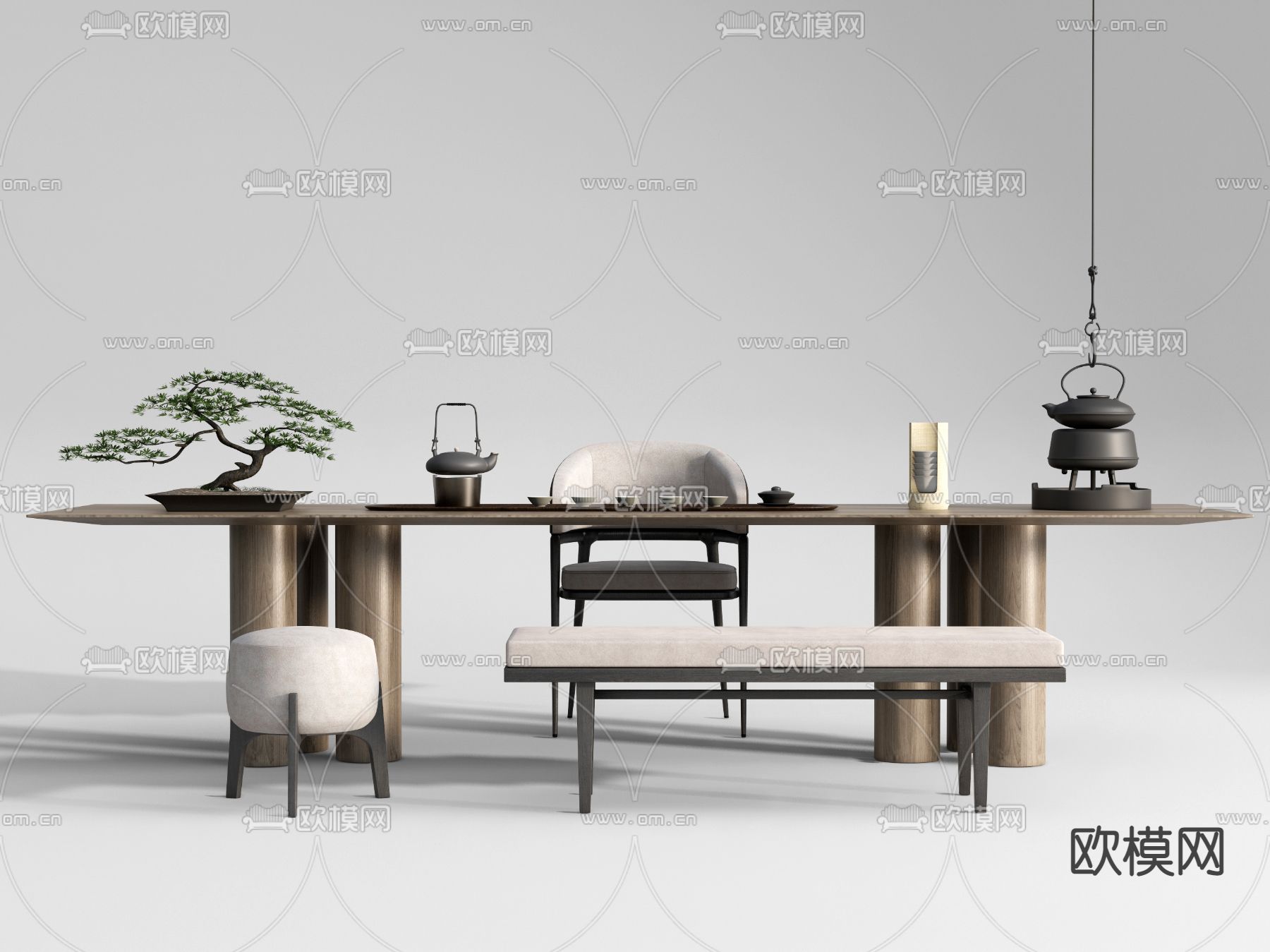 新中式实木茶桌椅su模型