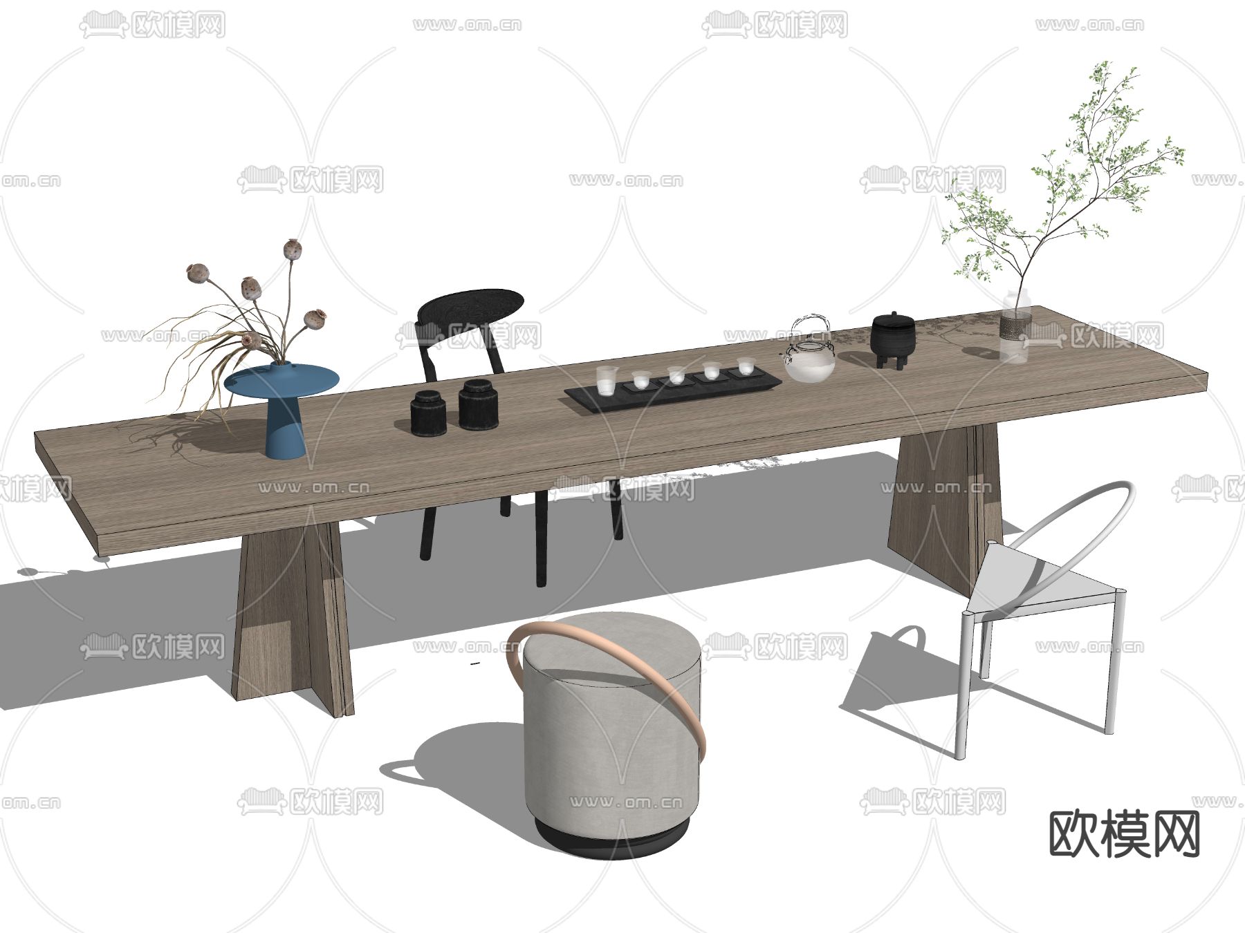 新中式实木茶桌椅su模型