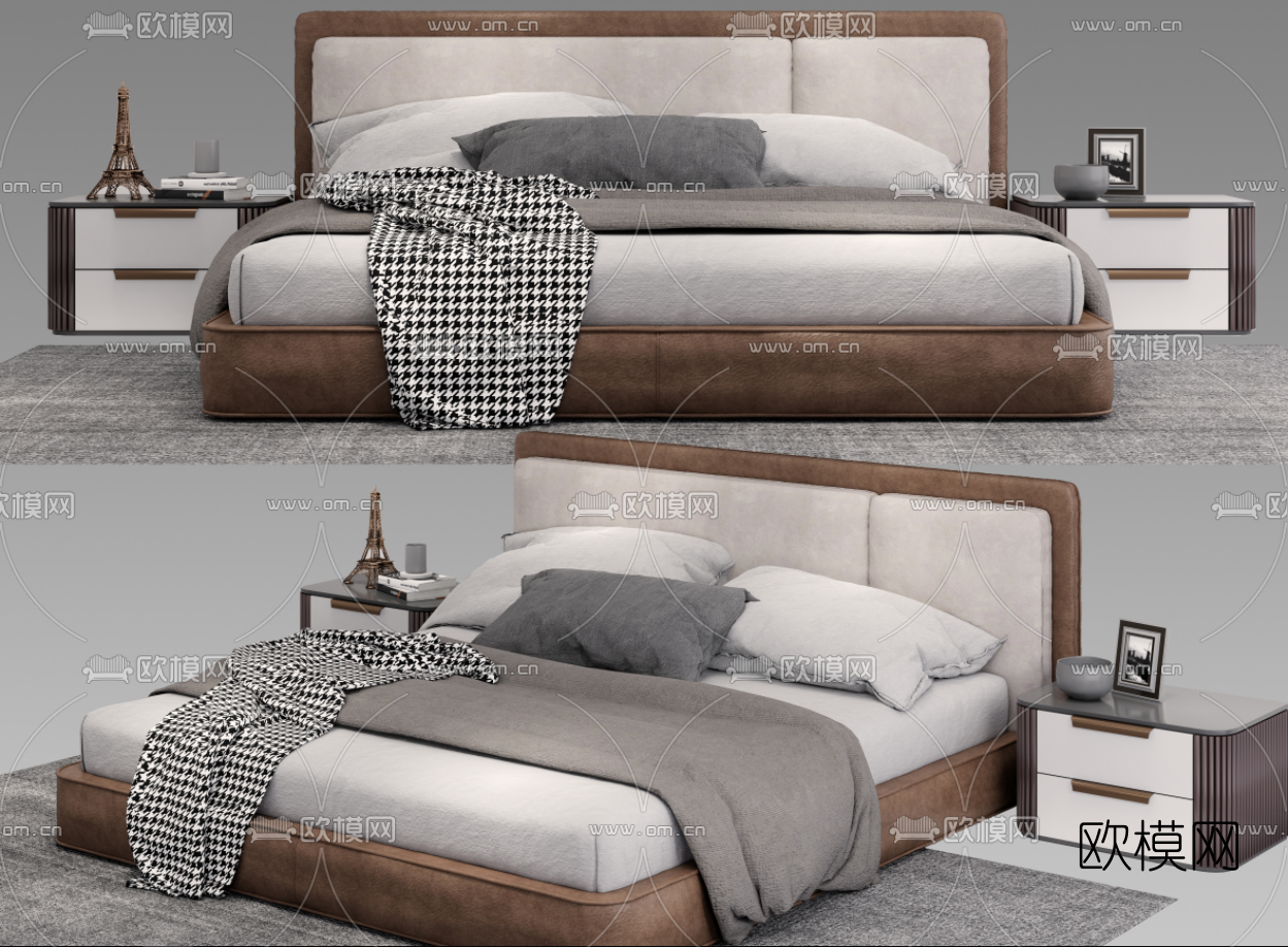 现代布艺双人床su模型下载（渲染图1）